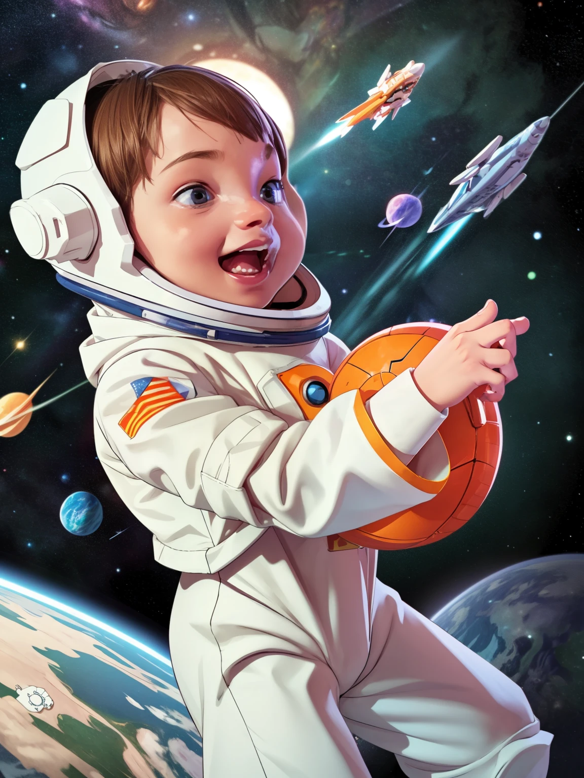 Cinematic Cartoon style. Comic art. TME0224 face, (((a baby boy, ***))) in a funny night (((wearing a astronaut costume))). (((Comic cosmic space background))). cinematic lighting, drop shadow, masterpiece, UHD, anatomically correct, textured skin, super detail, high details, high quality, best quality, 4K