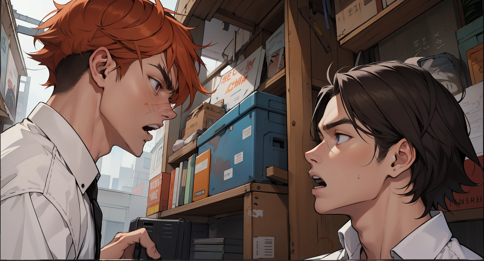 There are two 17-year-olds arguing, they are a little upset, one has white hair, the other has orange hair, and is serious. A 15-year-old boy argues with his friend, his hair is violet, yells at him, hits him in the face.