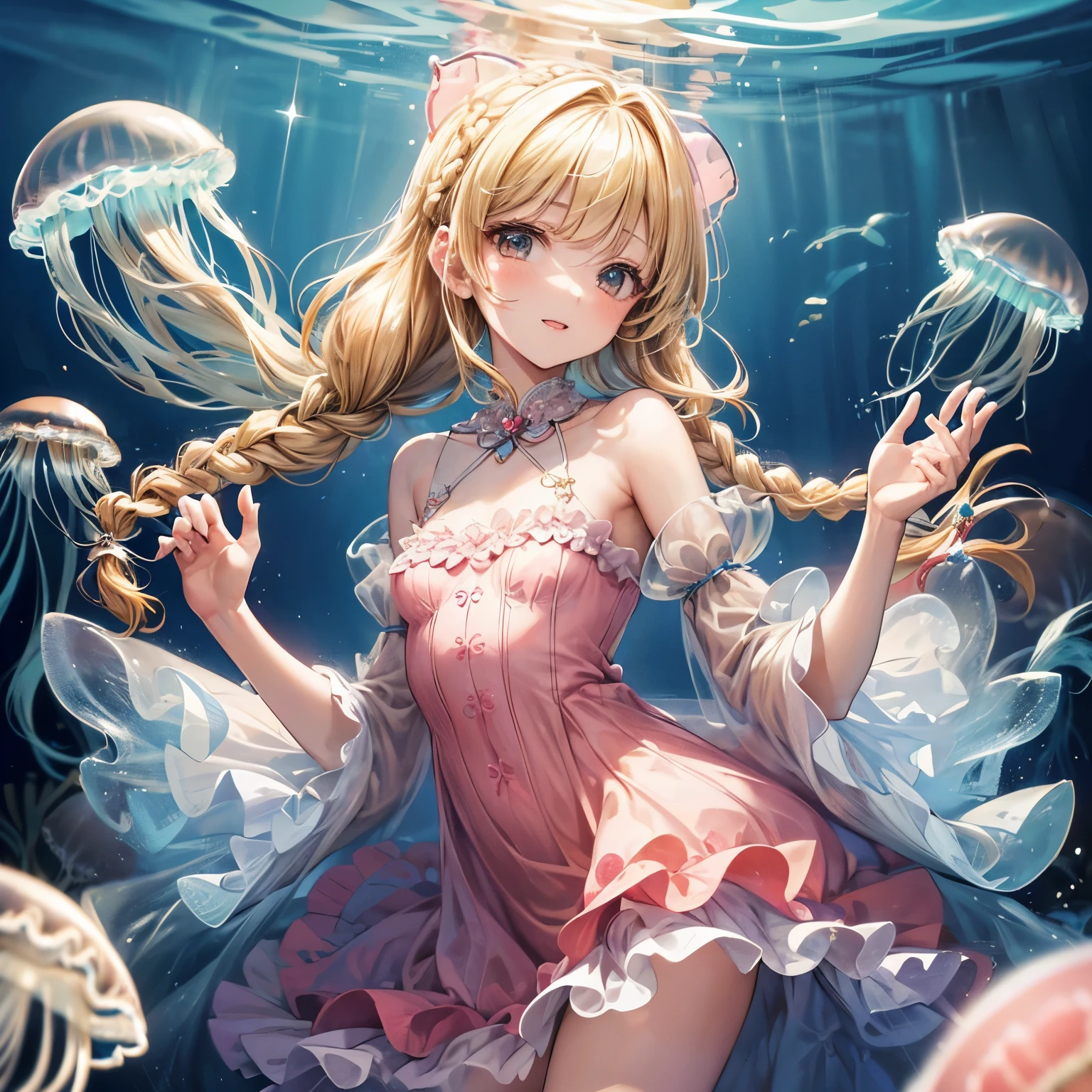 ((Masterpiece)), ((best quality)), (Professional Photography:1.2), (High Definition:1.3), 1princess, ((12 years old)), Castle in the Sea, (jellyfish costume dress:1.4), jellyfish girl, smile, open mouth, (cute posing), (blonde hair:1.3), medium hair, (soft braid:1.3), blunt bangs, hair scrunchie, black eyes, sparkling, (ultra detailed perfect piece:1.2), small breast, illustration, Rising bubbles, bottom of the ocean, (coral reef), (very fine 8K CG), in the sea, (thick lips),