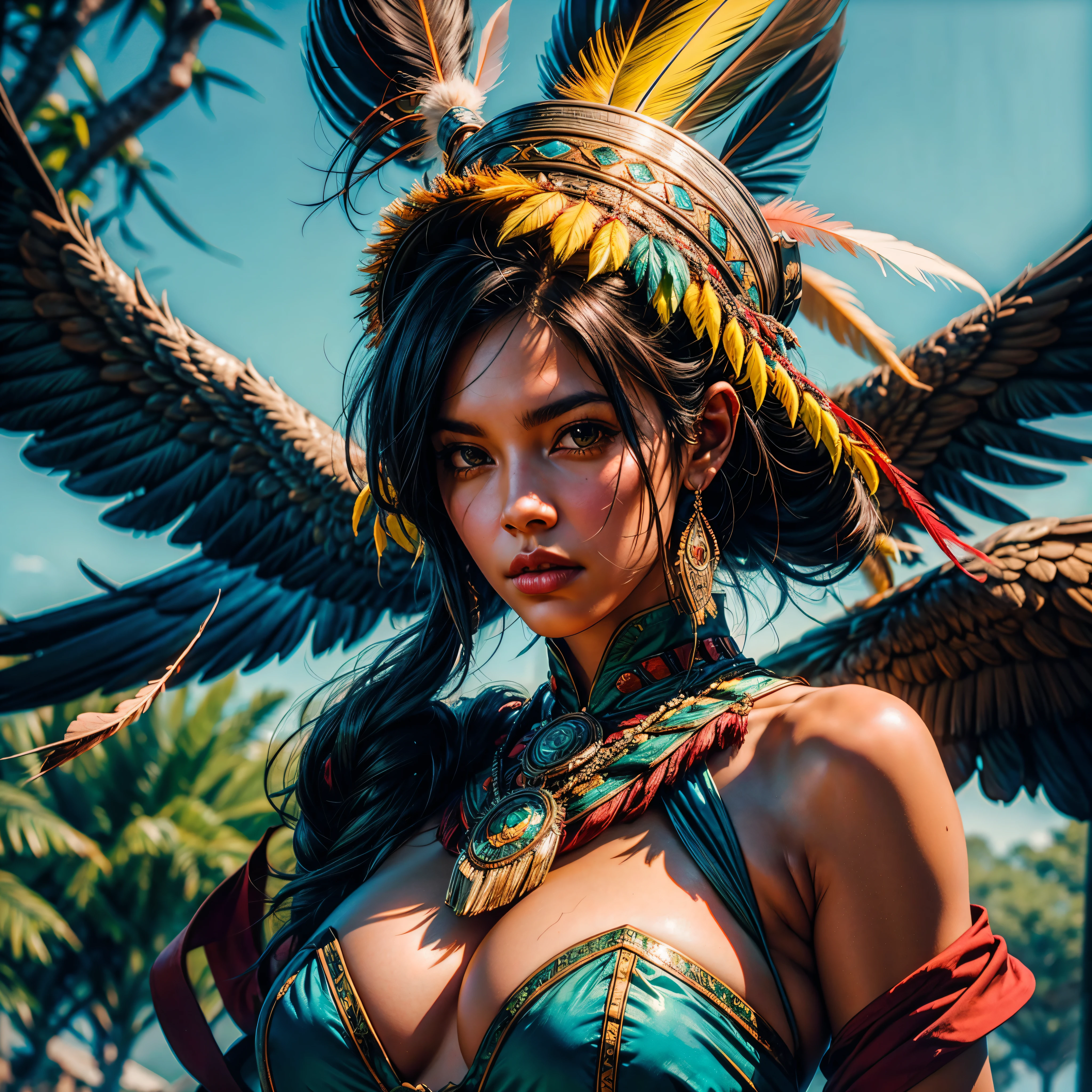 Hyperrealistic cinematic image of a native Indian with feathers on his head, Arte nativa americana, Indian warrior, Nativo americano, Guerreiro nativo americano, Arte nativa, Um guerreiro nativo americano, indigenous man, eagle feather, Guerreiro habilidoso do Apache, warrior spirit, american indian headdress, indigenous art, : native american shamen fantasy, Indigenous, native american folk art, Arte indiana fotografiarrealista, fotografia, obra-prima, realista, Realismo, renderizado, Alto contraste, digital art photographyrealistic trend in Artstation 16k UHD ultra high definition detailed realistic, detalhado, textura da pele, hiper detalhado, textura de pele realista, armadura, melhor qualidade, ultra high-resolution, (fotografiarrealista: 1.4), high resolution, detalhado, Calado bruto, sharp re, por lee jeffries Nikon D850 Filme Fotografia de Stock 4 Kodak Portra 400 Lente F1.6 Rich Colors Realistic Texture Dramatic Texture Dramatic Lighting Irrealengine Trend on Artstation Cinestill 800, Beautiful and Aesthetic, varied multi etc. --v6 --s1000 --c20 --q5 --chaos100