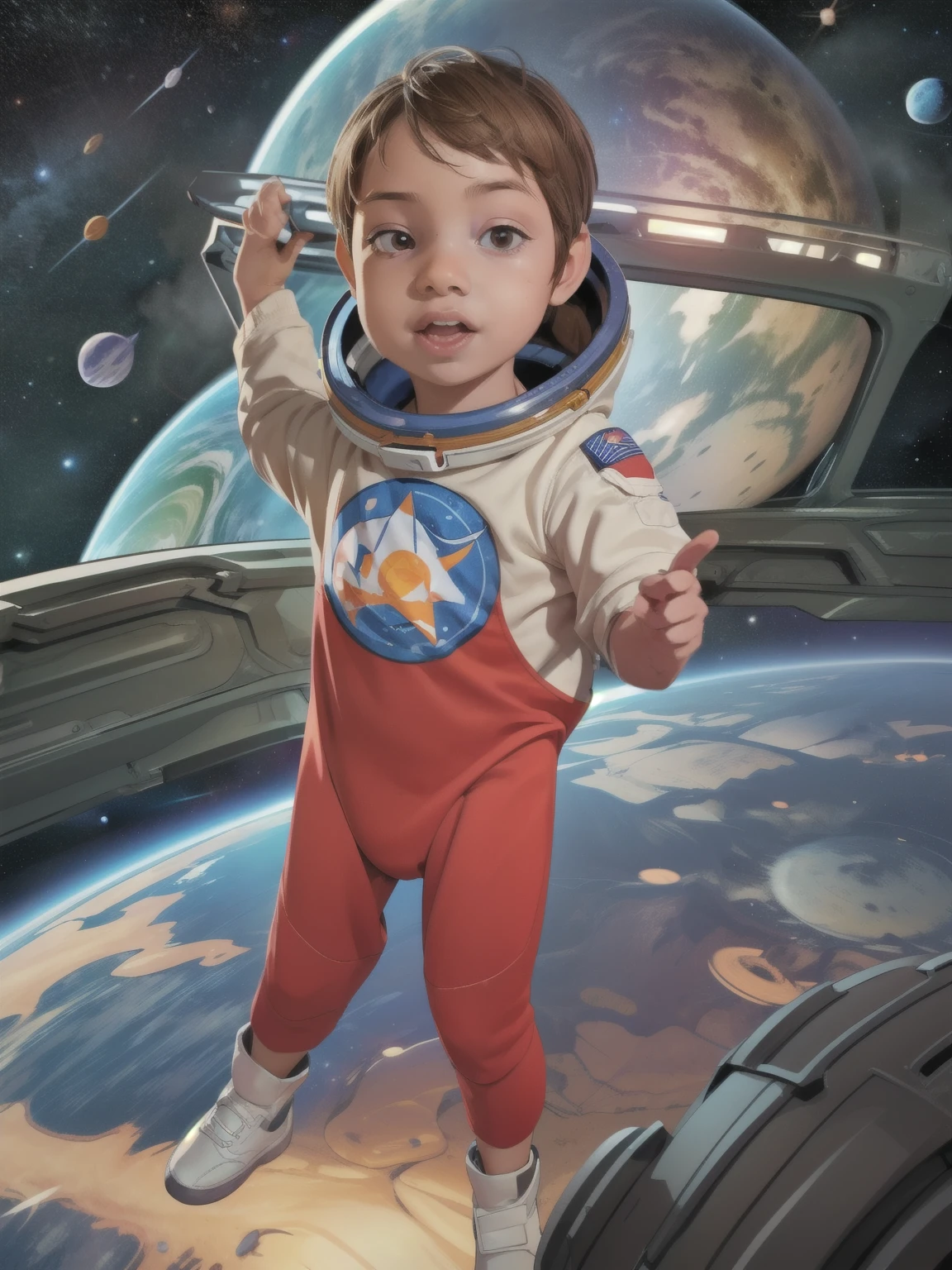 Cinematic Cartoon style. Comic art. TME0224 face, (((a baby boy, ***))) in a funny night (((wearing a astronaut costume))). (((Comic cosmic space background))). cinematic lighting, drop shadow, masterpiece, UHD, anatomically correct, textured skin, super detail, high details, high quality, best quality, 4K