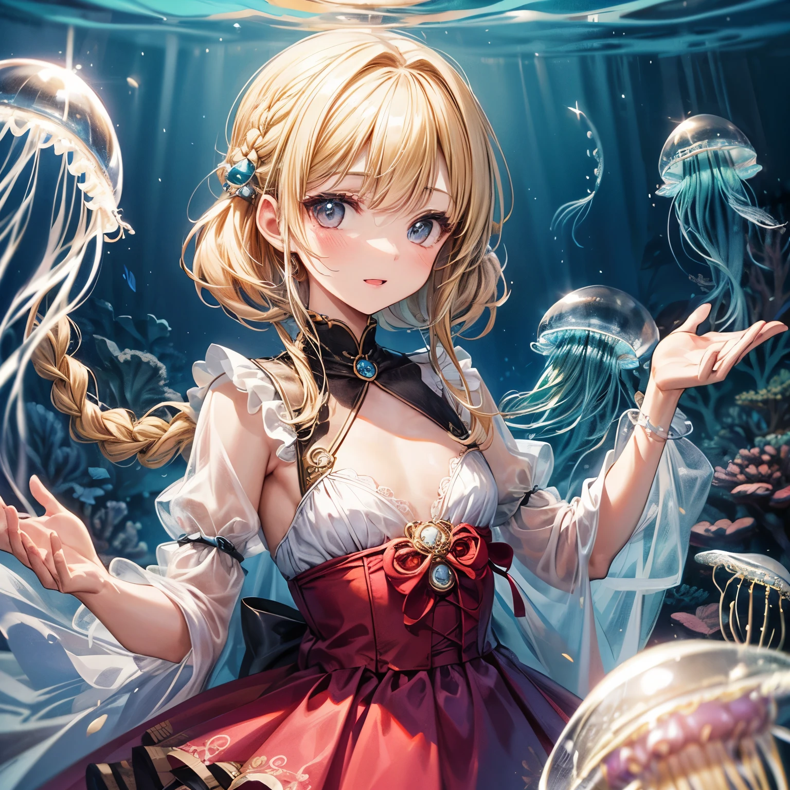 ((Masterpiece)), ((best quality)), (Professional Photography:1.2), (High Definition:1.3), 1princess, ((12 years old)), Castle in the Sea, (jellyfish costume dress:1.4), jellyfish girl, smile, open mouth, (cute posing), (blonde hair:1.3), medium hair, (soft braid:1.3), blunt bangs, hair scrunchie, black eyes, sparkling, (ultra detailed perfect piece:1.2), small breast, illustration, Rising bubbles, bottom of the ocean, (coral reef), (very fine 8K CG), in the sea, (thick lips),