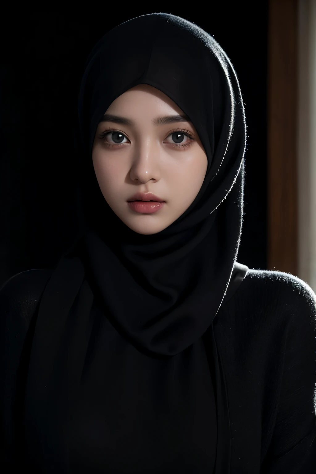 Best quality, masterpiece, ultra high res, (photorealistic:1.4), raw photo, 1girl, detailed hijab, detailed eyes and face, black sweater, dynamic lighting, in the dark, deep shadow, low key, cowboy shot