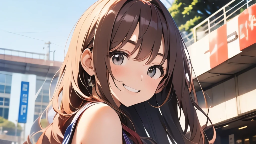 20-year-old、college girl、hair is chestnut color、long hair、so beautiful、very smiling、shoulders are visible、summer clothes、In front of the cinema