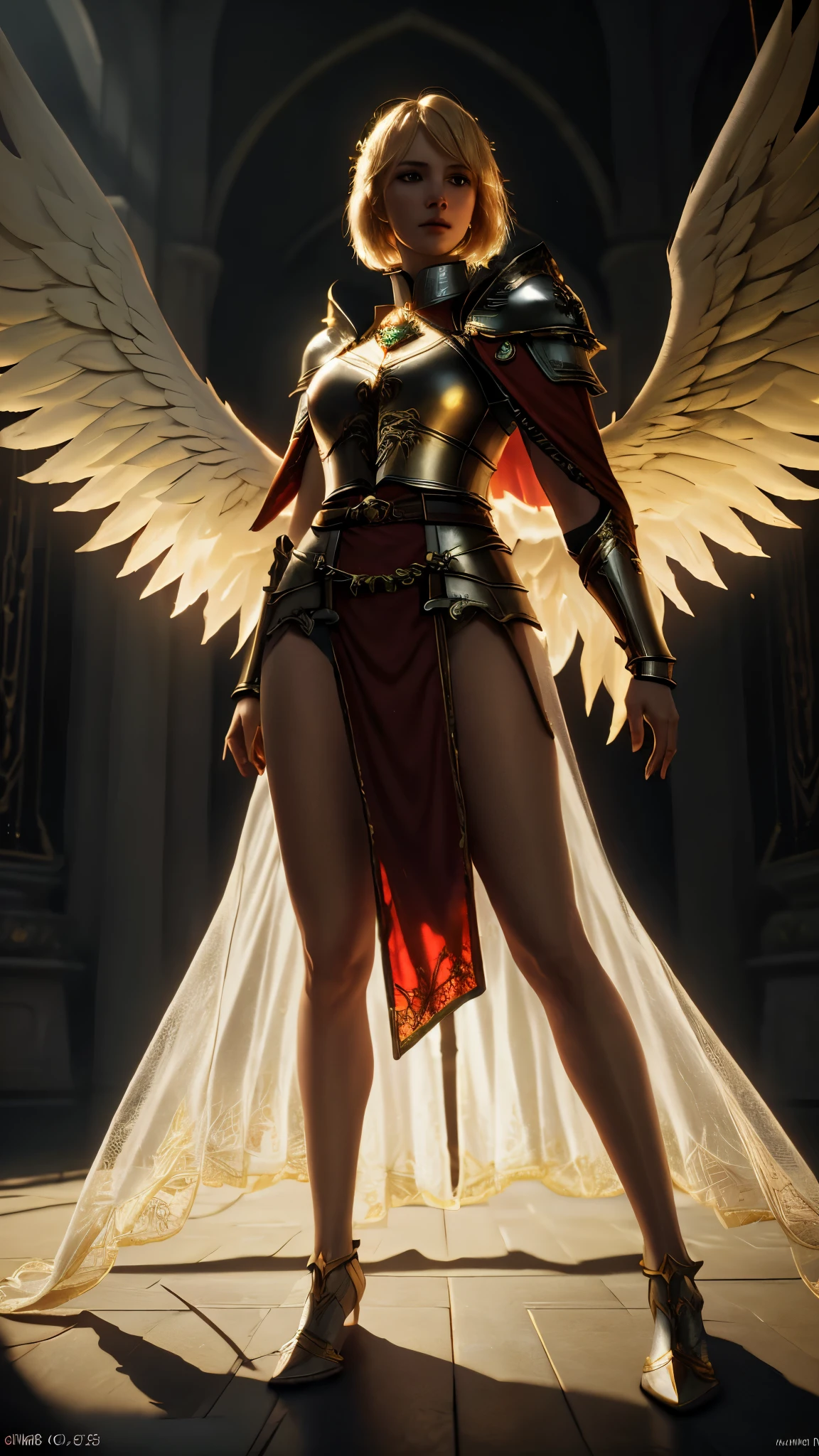 (best quality,4k,8k,highres,masterpiece:1.2),ultra-detailed,realistic:1.37), ((low angle)), from below, paladin templar lady in white tabard, legwear, glowing yellow eyes, collar, golden chainmail, wide hips, barefoot, angel wings, pauldrons, halo, bob cut, blonde, eye focus, red cape, temple indoors, decorations, stained glass windows, night, particles, chromatic aberration, detailed, cinematic, dark scene, fantasy, ultra-realistic representation, meticulous details in characterization, impeccable lighting, superior visual quality, Photography, Canon EOS R5 DSLR camera, Canon RF 85mm f lens, (Detailed face), perfect eyes, perfect face, perfect hands, ultra-realistic, good lighting, extreme details, cinematic effects, ultra-realistic quality (8k, 4k, Unreal Engine 5)