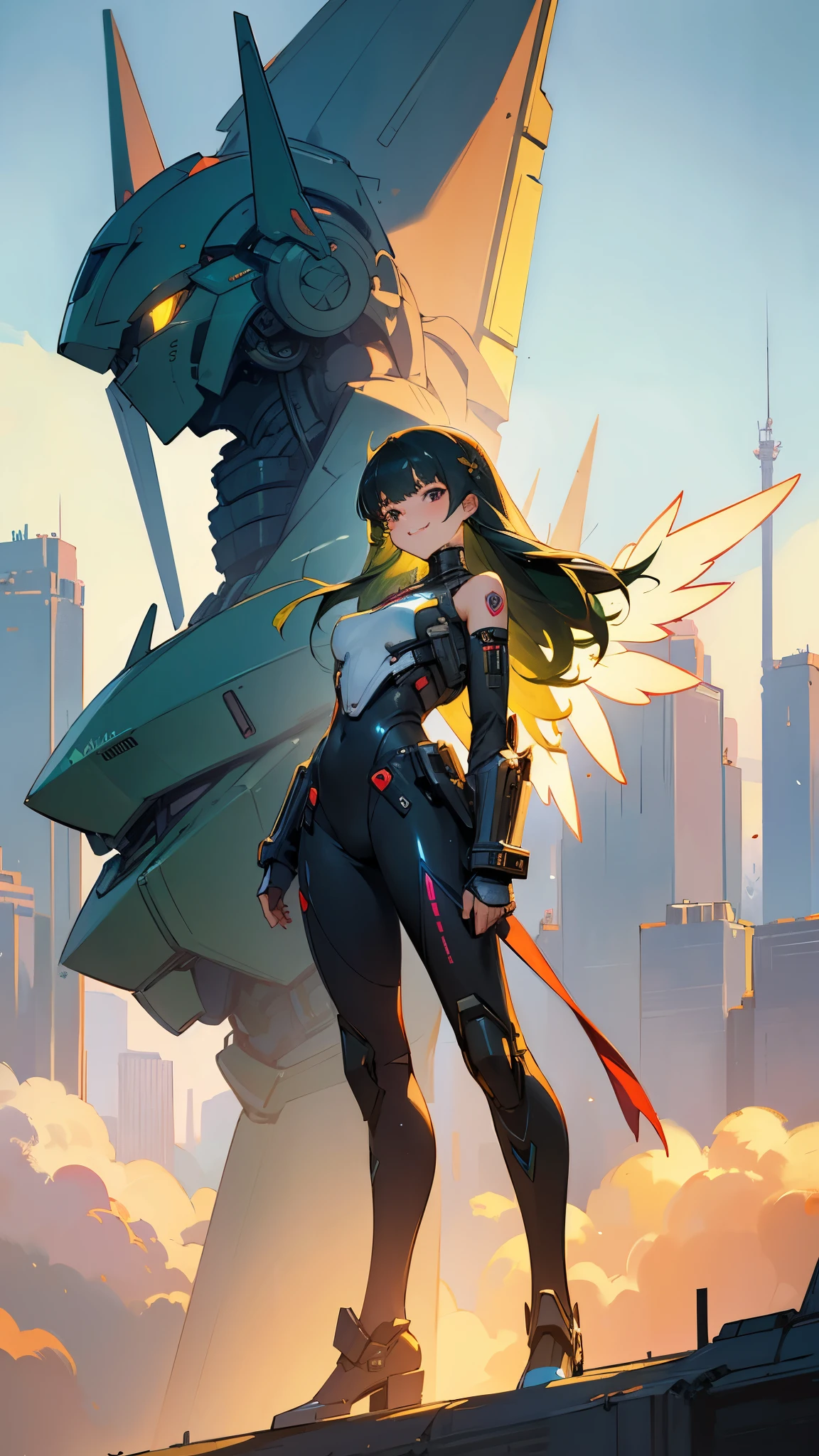 masterpiece,(highest quality),very detailed,super detailed,1 girl,(Mechanicalwing:Moneyen,shining eyes:green,Moneyenrarmor:1.2,elongated ears:0.8),(cyberpunk city:1.5,arms:Energy Blade),(fantasy landscape:1.2,Natural light:1.5,confident look),(panorama:1.2),Mecha, smile,angle,angels, wing,Money,born,close,full body portrait