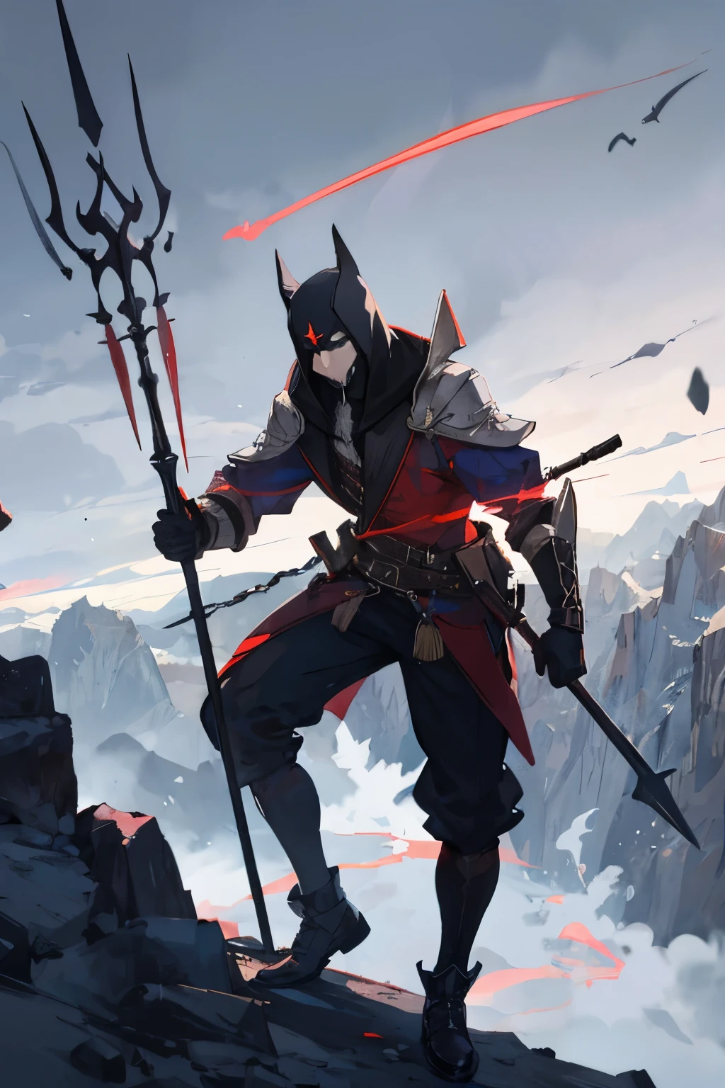 Shadow holding a spear under a mountain
