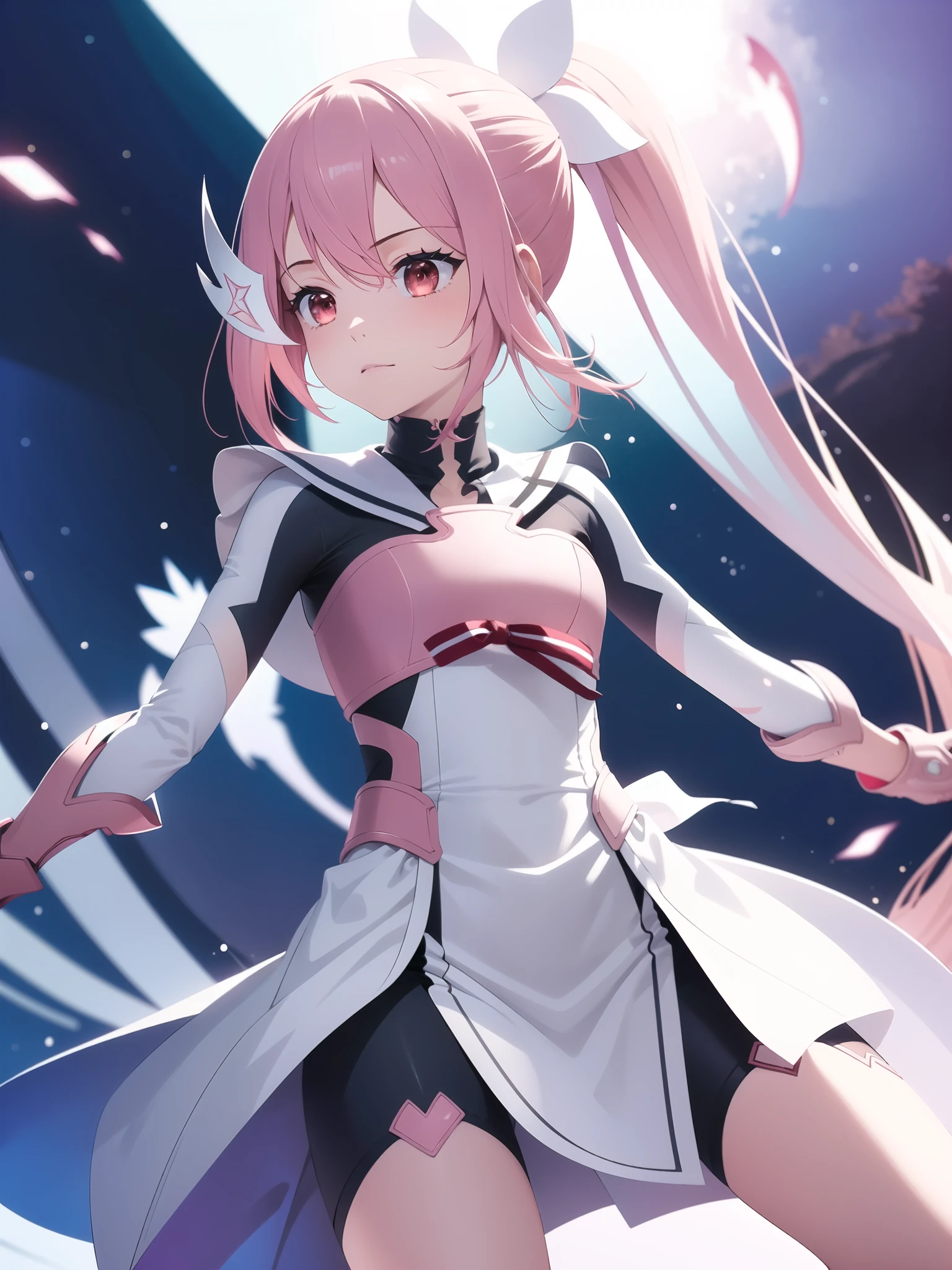 masterpiece, best quality, high resolution, 1girl, solo, Yuuki_Yuna, 1girl, solo, blush, hair ornament, gloves, dress, ribbon, hair between eyes, very long hair, ponytail, pink hair, red eyes, shorts, white dress, armor, side ponytail, magical girl, bike shorts, gauntlets,