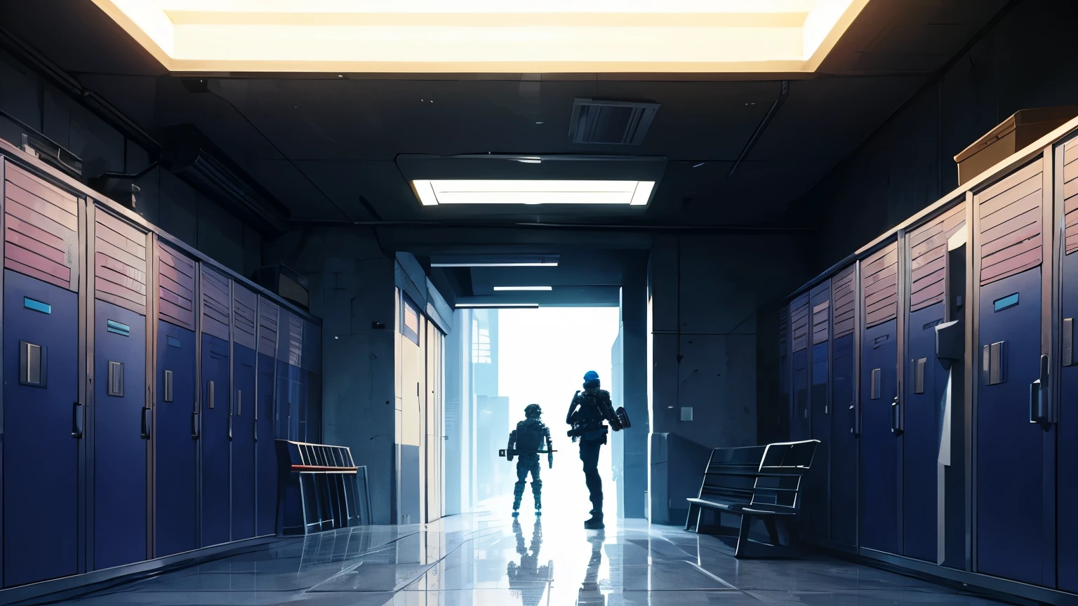 A High Tech Armory, Lockers, Benches to sit on, Weapon Holsters on walls for various melee and ranged weapons. Sci Fi lair of a protagnist