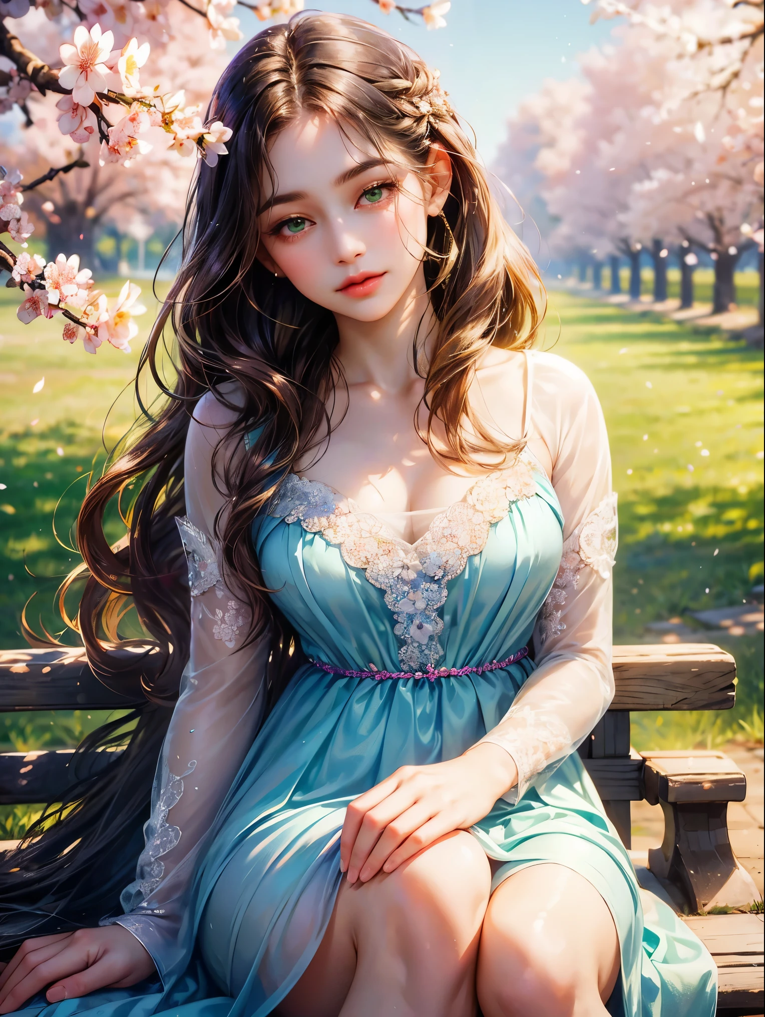 A girl, long hazel wavy, no bangs and green eyes. She wears a short violet dress, beautiful girl, detailed eyes, detailed face, detailed hands, she looks at the viewer. She is sitting under a cherry blossom tree. Background blue sky with rainbow.