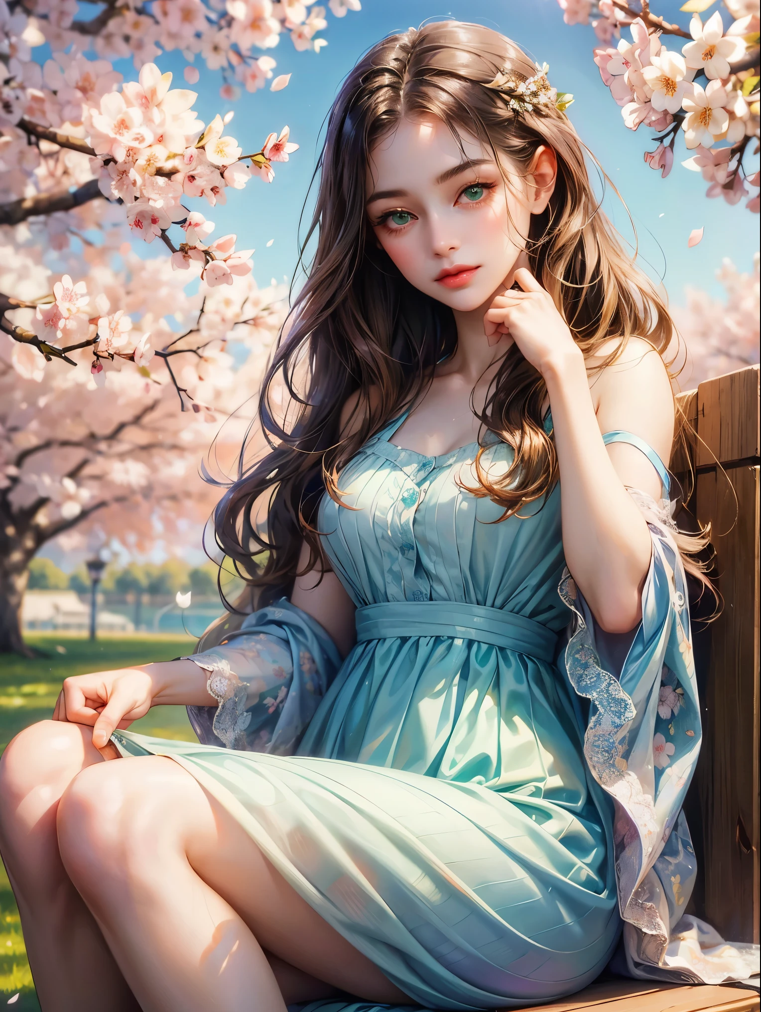 A girl, long hazel wavy, no bangs and green eyes. She wears a short violet dress, beautiful girl, detailed eyes, detailed face, detailed hands, she looks at the viewer. She is sitting under a cherry blossom tree. Background blue sky with rainbow.