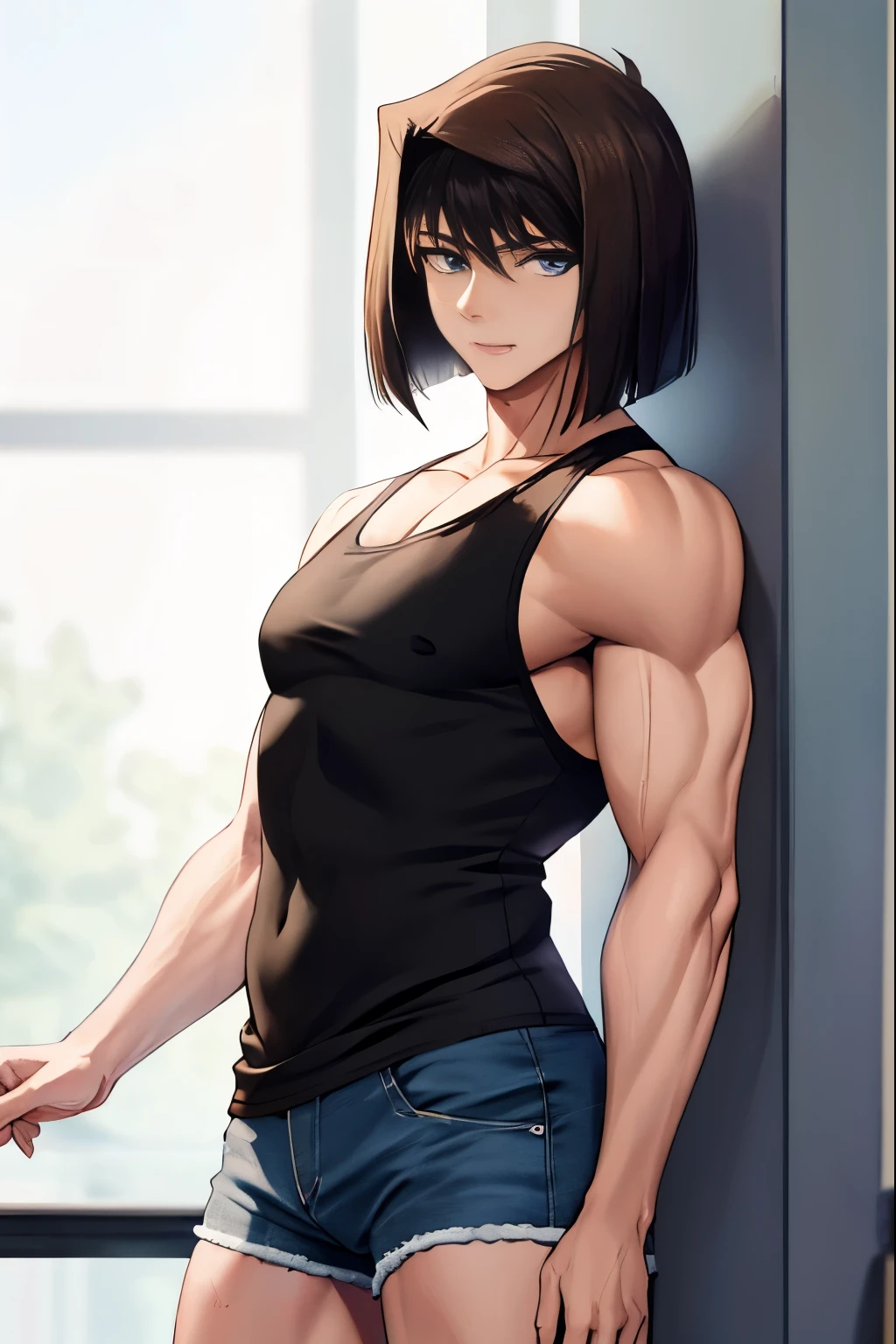 Close-up of a man with short brown hair, blue eyed man, bob cut, classic men, Made at Anime Painter Studio, clothing:black tank top, male romance, anime style, muscular man, masculine and muscular, tall, high school boy,, wore denim shorts, Are standing, tank top with an black, anime dick!!!!, bare shoulders, bare arms, 