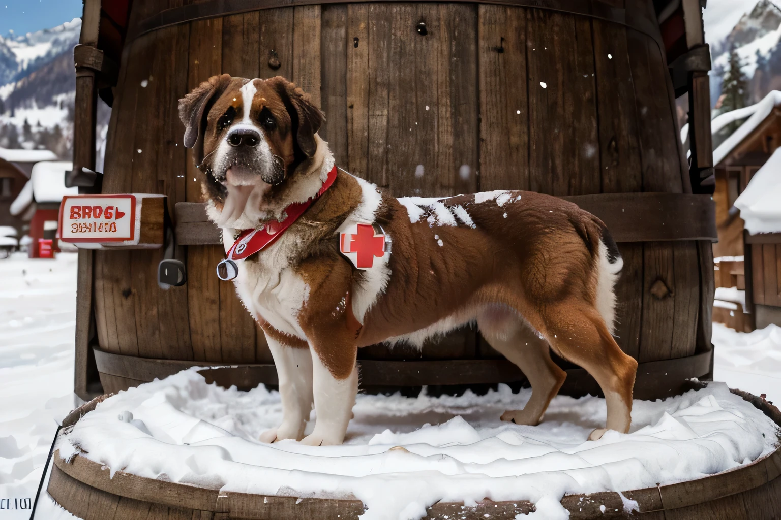 (best quality, 8k, HD, masterpiece: 1.2), super detailed, (The photos are real, The photos are real: 1.37), street of giants. Bernard dog with red cross sign on barrel hanging around his neck, In the snowy Swiss mountains,