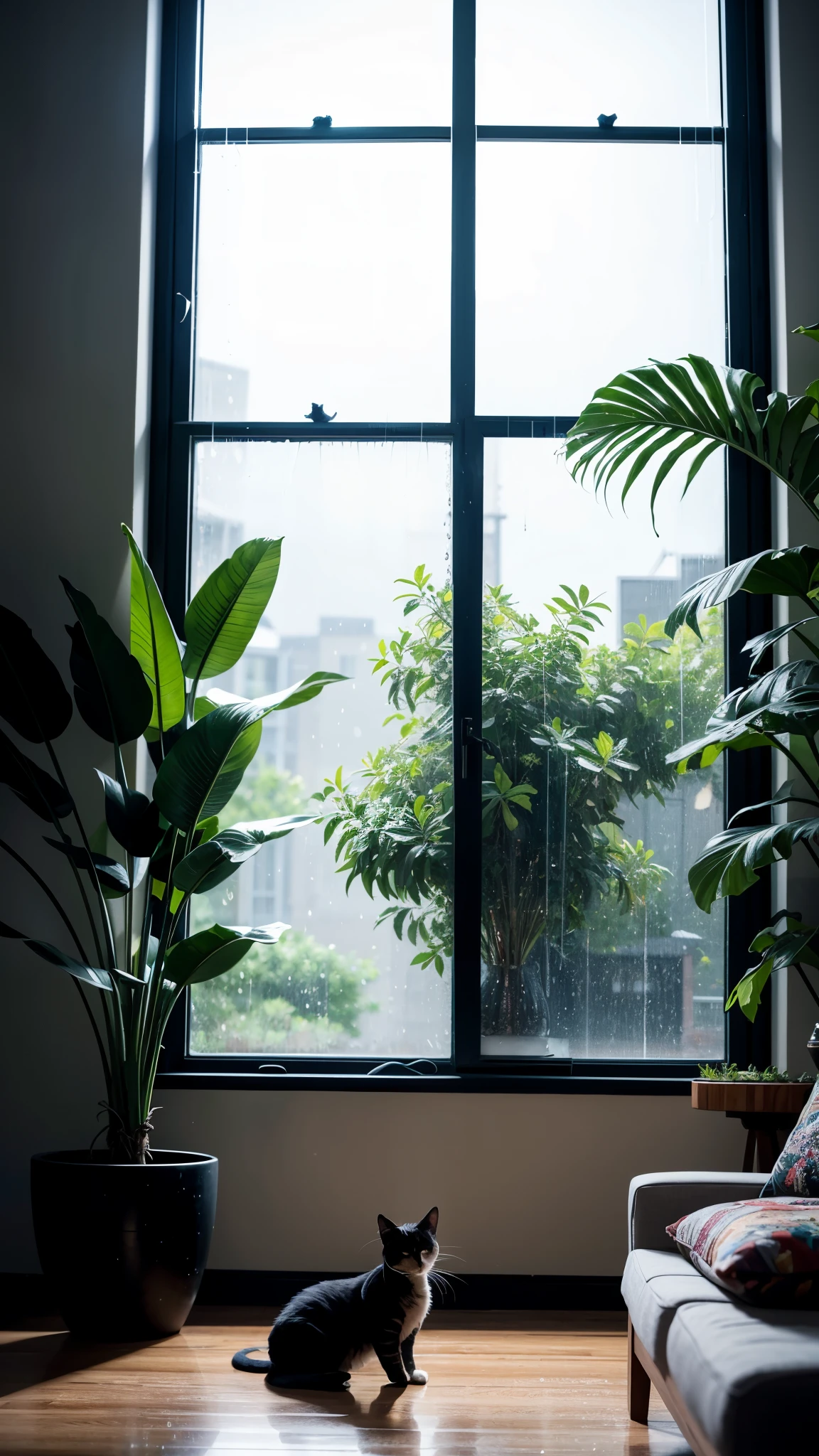 4K UHD photo of a living room, night time, big windows, plant vase, (raining outside), there is a cat sleeping, wide view, cozy vibes, masterpiece, best quality, ray tracing