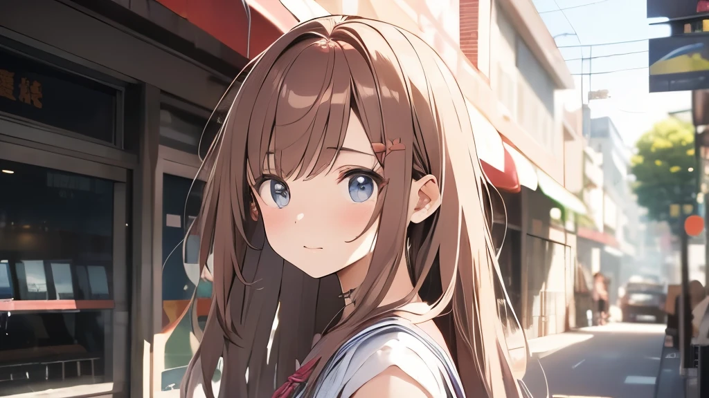 20-year-old、college girl、hair is chestnut color、long hair、so beautiful、shoulders are visible、summer clothes、In front of the cinema、Cold face、a painful face
