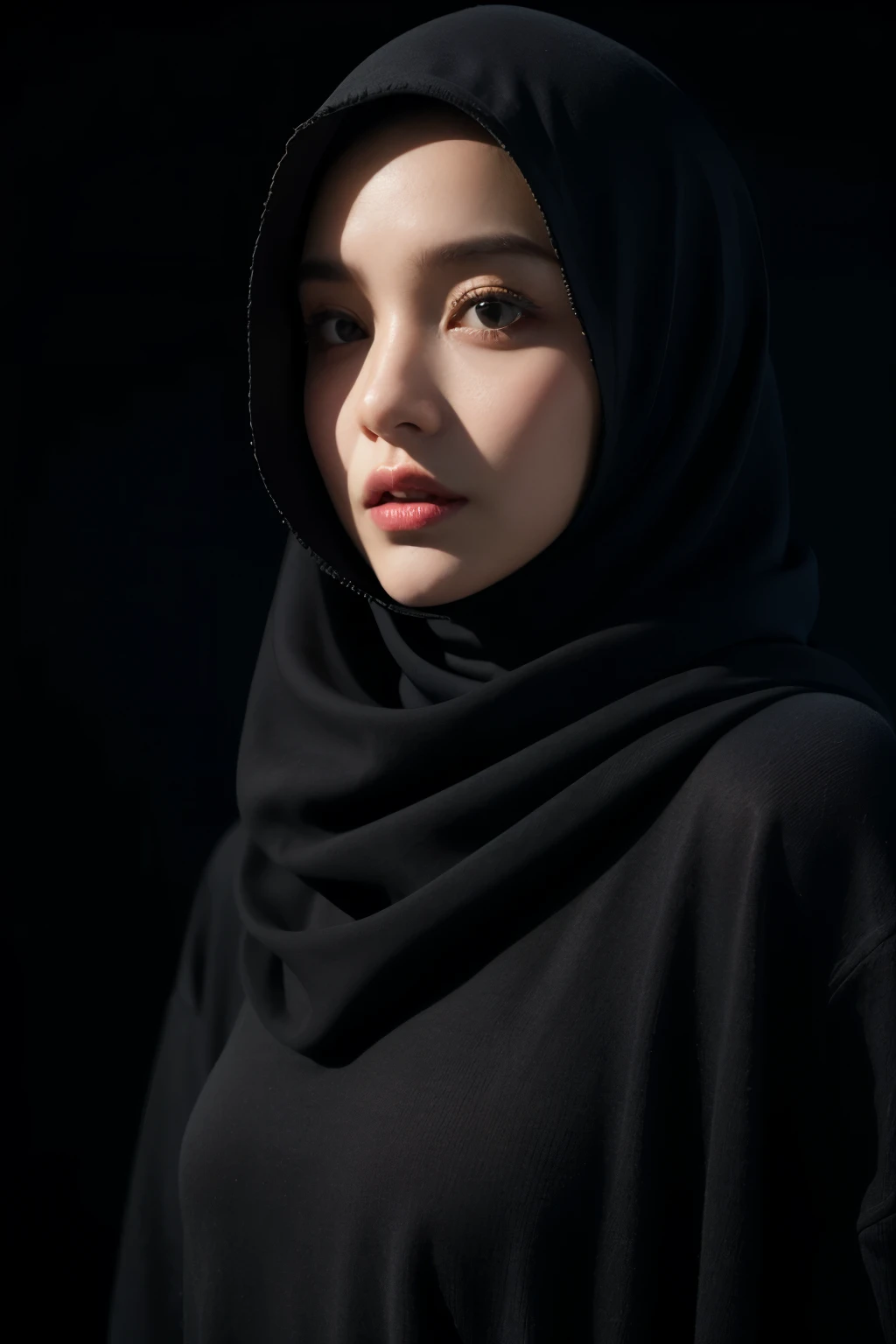 Best quality, masterpiece, ultra high res, (photorealistic:1.4), raw photo, 1girl, detailed hijab, detailed eyes and face, black sweater, dynamic lighting, in the dark, deep shadow, low key, cowboy shot