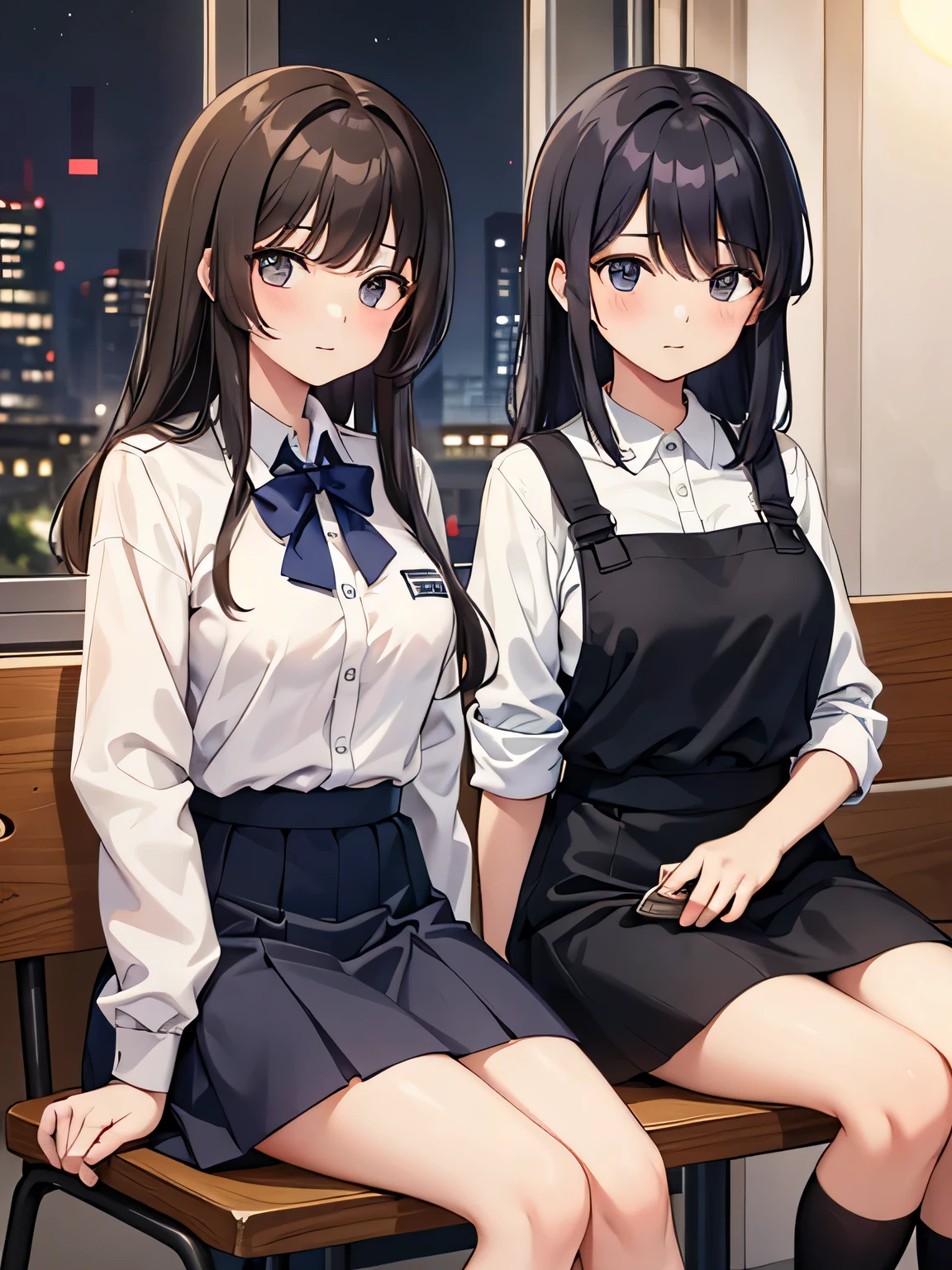 (1) Two women are sitting on chairs in a cafe, look tired. Both are cafe employees.. they are tired and collapsed.
(2) both women&#39;s skirts are too short、Panties are almost visible. their panties are white.
(3) The first woman is a 17-year-old high school student with a childish appearance., short black hair, wearing a white cut shirt, navy miniskirt and navy socks.
(4) The second woman is a 22-year-old college student., mature look, with long brown hair, wearing a white cut shirt, black miniskirt and black socks.
(5) The location is after closing (At night) A nice cafe in the city.