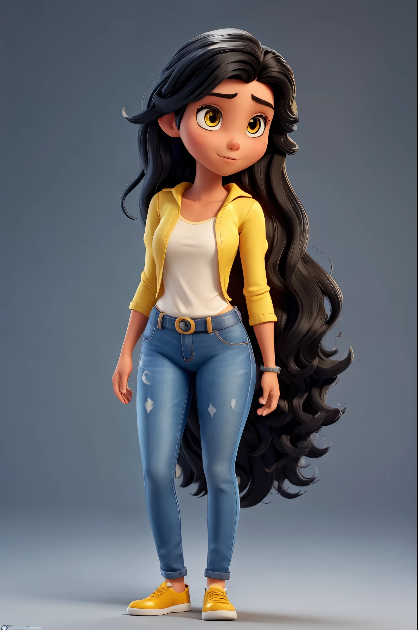 (((full body photo))), ultra realistic, beautiful face, perfect body, shoulder length, wavy jet black hair, hairstyle on the left side, very yellow eyes, 27 years old, b1mb0, disney pixar style