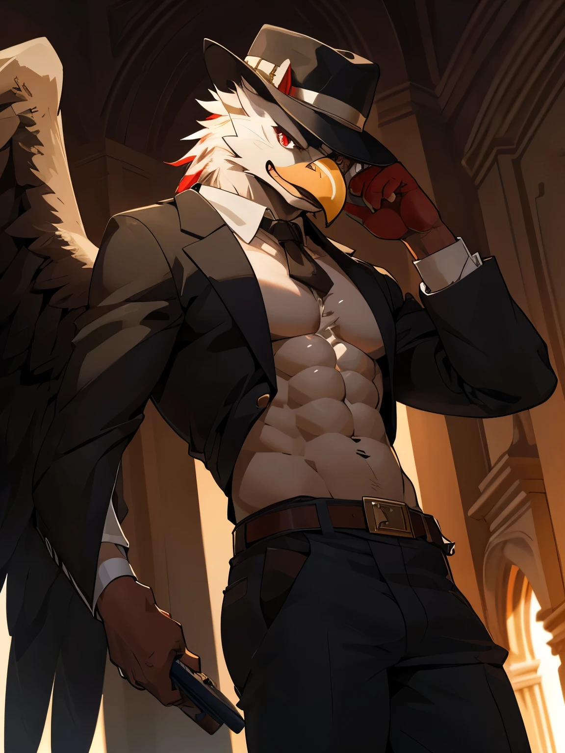 male, furry, eagle anthro, solo, red eyes, (Realistic eye details 1.2), hat on head, mafiawear, bare bottom, abs, Masterpiece, dramatic lighting, soft lighting, day, highly detail,