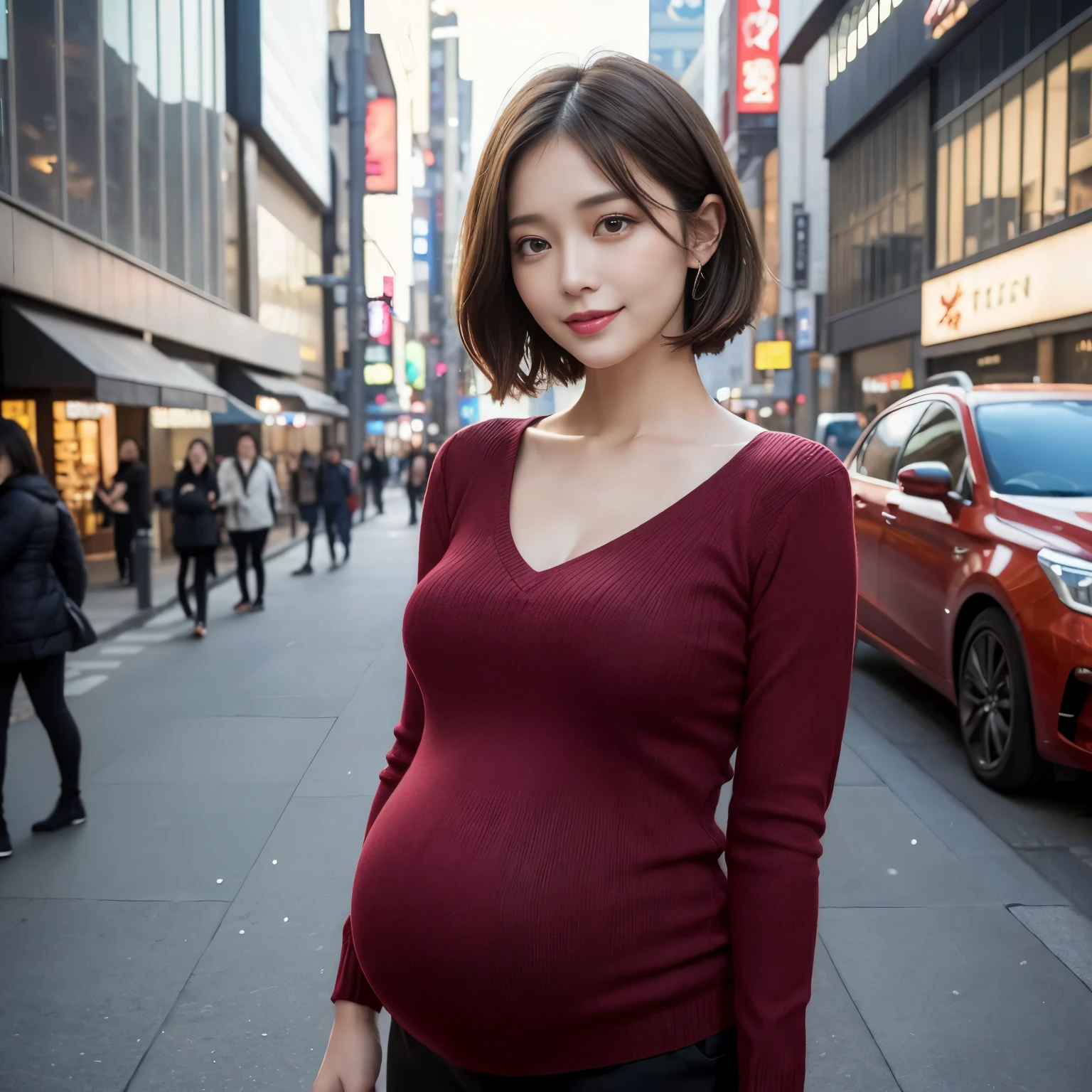 (highest quality、table top、8k、best image quality、Award-winning work)、one beautiful woman、25 years old、perfect dynamic composition、big and full breasts、[clavicle]、(very short bob hair:1.1)、(Patsun:1.1)、(Wine red thick V-neck knit:1.1)、(Knit that fits perfectly to the body:1.1)、(perfect v-neck knit sweater:1.1)、(slightly pregnant:1.1)、(very thin pregnant woman:1.05)、full body photo、look at me and smile、(Strongly blurred Shinjuku background:1.1)、Standing gracefully、droopy eyes、natural makeup、Ultra high definition beauty face、ultra high definition hair、Super high-definition sparkling eyes、Super high resolution glossy lips、accurate anatomy