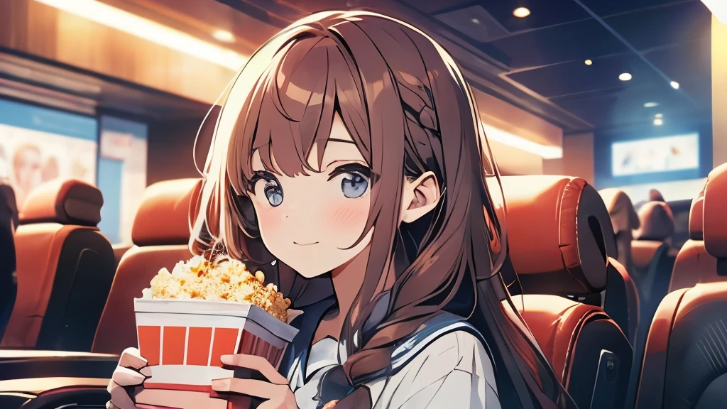 20-year-old、college girl、hair is chestnut color、long hair、so beautiful、movie theatre、Have popcorn
