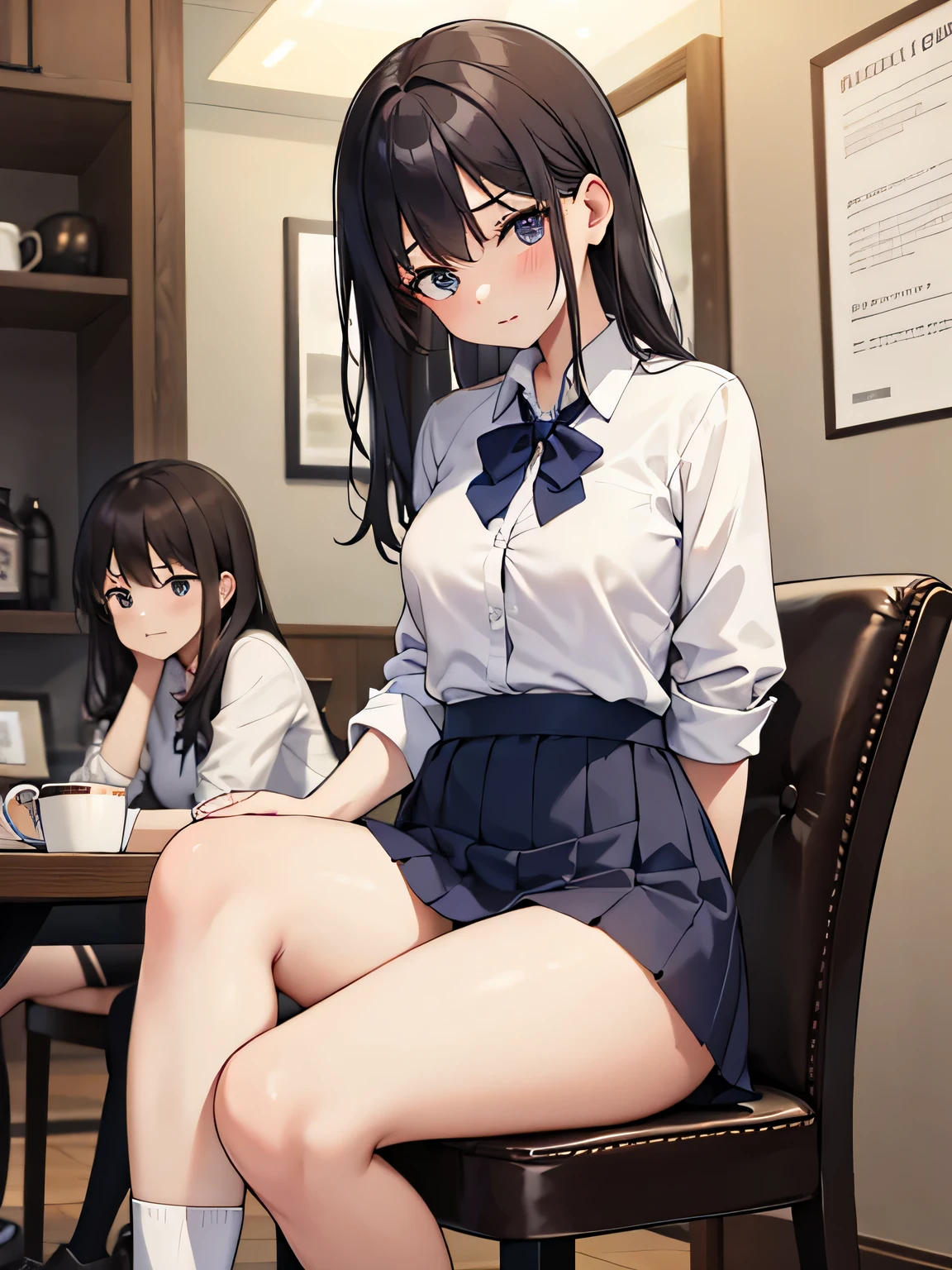 (1) Two women are sitting on chairs in a cafe, look tired. Both are cafe employees.. they are tired and collapsed.
(2) both women&#39;s skirts are too short、Panties are almost visible. their panties are white.
(3) The first woman is a 17-year-old high school student with a childish appearance., short black hair, wearing a white cut shirt, navy miniskirt and navy socks.
(4) The second woman is a 22-year-old college student., mature look, with long brown hair, wearing a white cut shirt, black miniskirt and black socks.
(5) The location is after closing (At night) A nice cafe in the city.