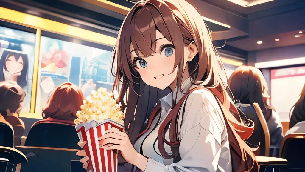 20-year-old、college girl、hair is chestnut color、long hair、so beautiful、movie theatre、Have popcorn