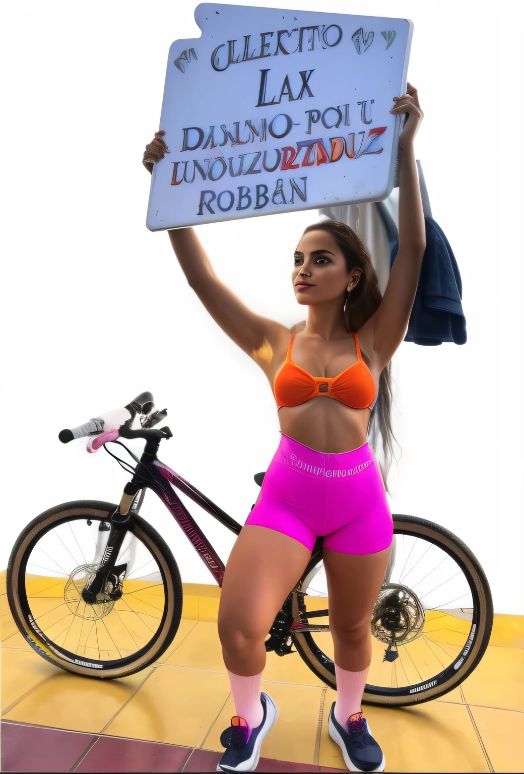 mulher de short rosa segurando uma placa com uma bicicleta ao fundo, 🚿🗝📝, looks like fabiula nascimento, fernanda suarez, Andreia Rocha, 🔞🤡, by Mario Bardi, Caroline Gariba, por Bernard Papai, protesto, malika favre, powder Nándor Katona, by Amélia Peláez