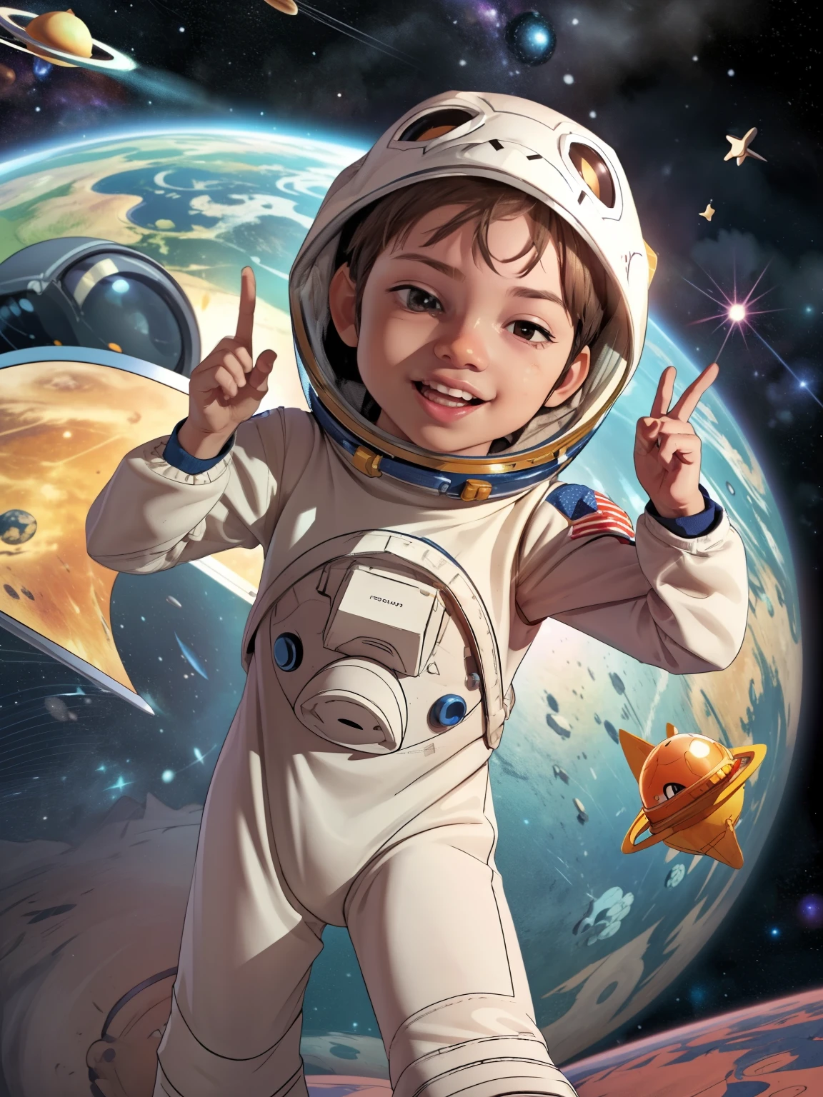 Cinematic Cartoon style. Comic art. TME0224 face, (((a baby boy, 4yo))) in a funny night (((wearing a astronaut costume))). (((Comic cosmic space background))). cinematic lighting, drop shadow, masterpiece, UHD, anatomically correct, textured skin, super detail, high details, high quality, best quality, 4K