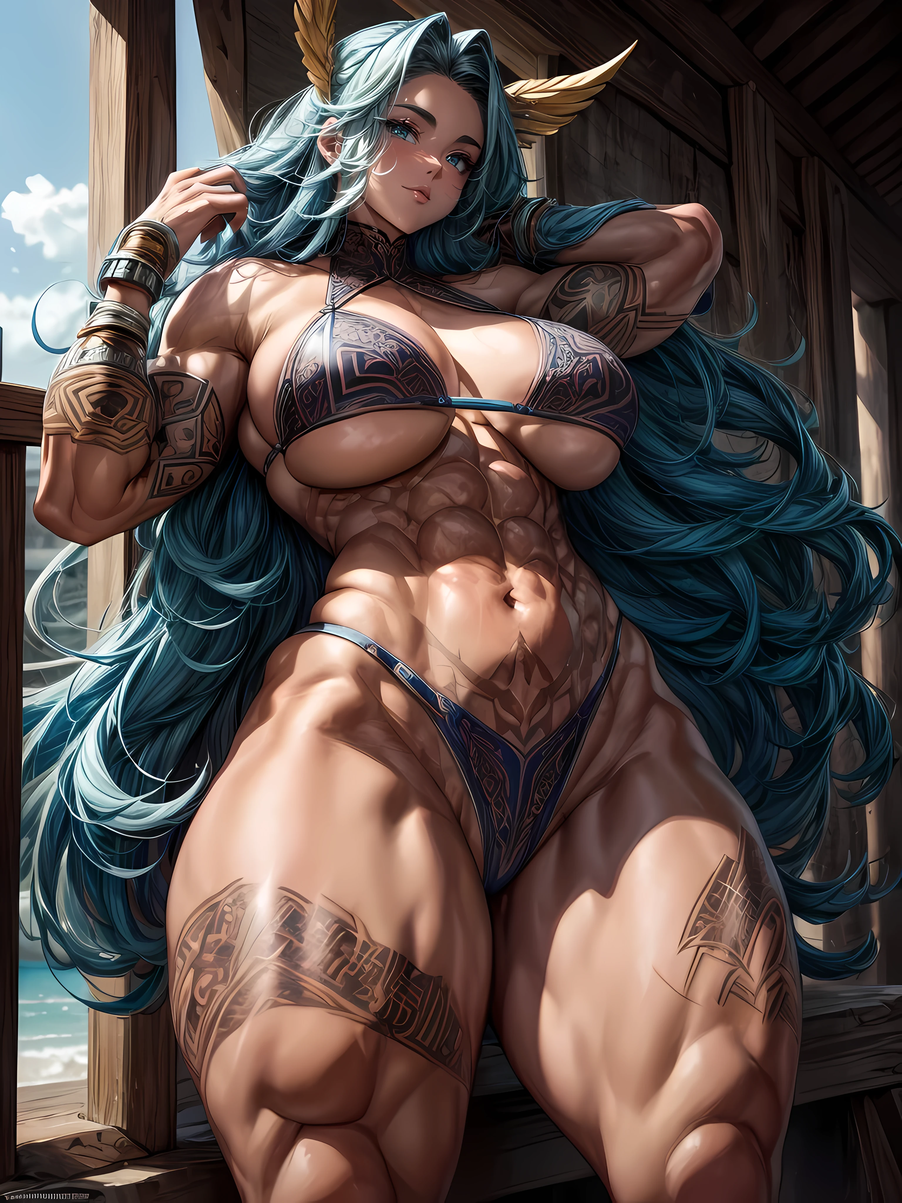 altamente detalhado, Barbarian girl with huge body and intricate tattoes with intricate background, Pintura realista, por Charles Gregory e Antonio Jacobsen e Edward Moran, (tiro longo), light blue sky, detalhes intrincados, micro bikini, erotic posing, rosto serio