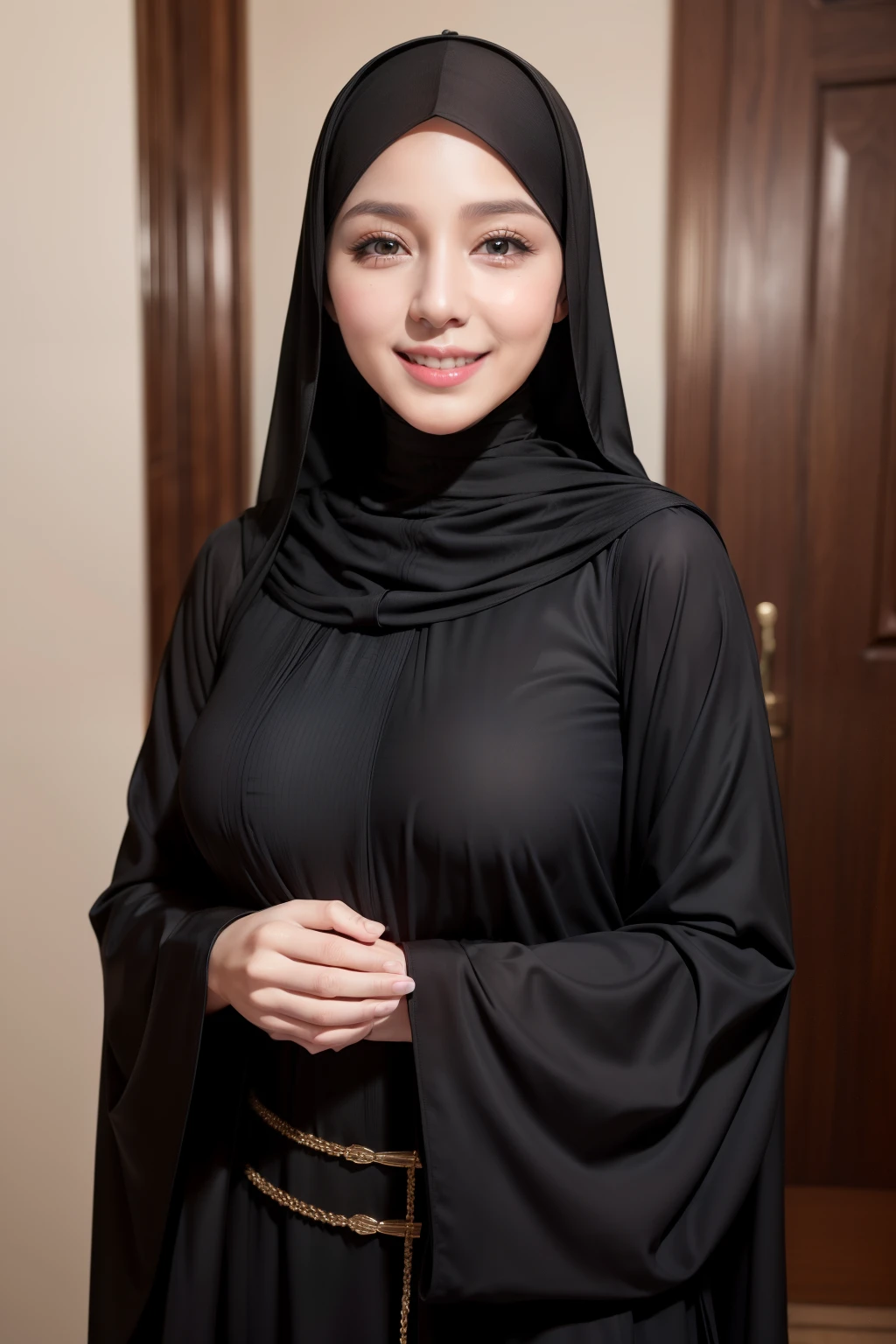 (64k, RAW photo, best quality, masterpiecel1.4) , (( smile face )), (realistic, photo-realistic:1.37), photo of a women in black hijab, 1girl, (lighting), ((wearing black fit jubah)) , ((selfie pose)), ((covered breast))