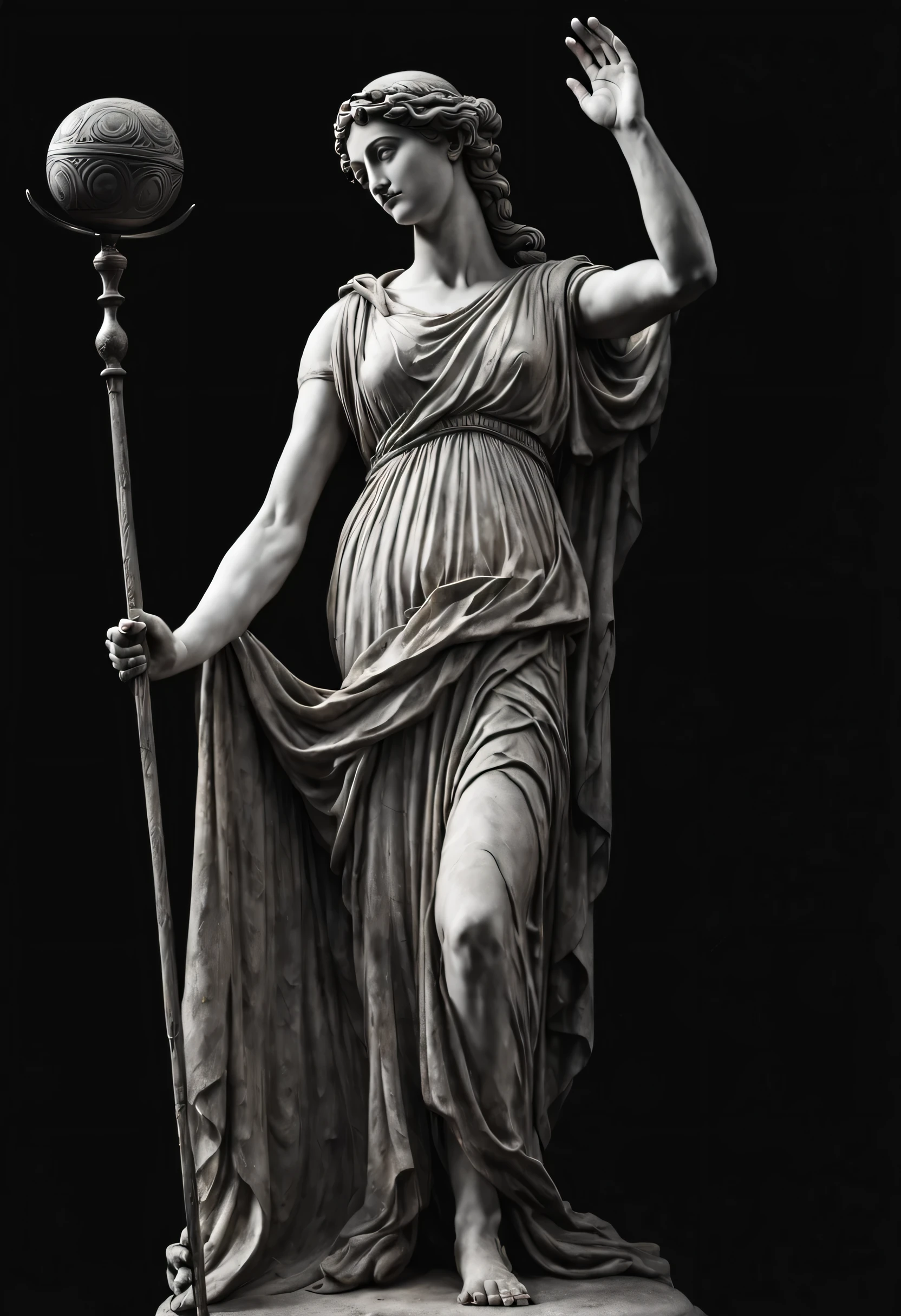 A status of the Greek goddess who is slim. Elle n'has only two arms and a scepter in his right hand. La main tient sur l'orbe. L'image est en ton gris comme une texture de carte de hauteur. Fond noir pur