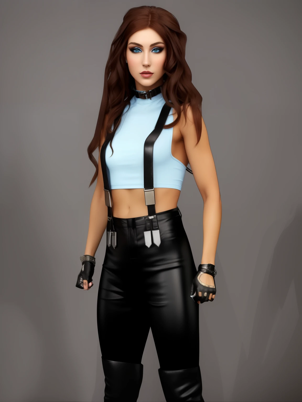 ((masterpiece, best quality)),Caucasian woman with redish brown hair, lip gloss, fit tone body, light blue cloth t-shirt, black suspenders with metal buckles ,black leather pants, light blue eye makeup,black gloves with silver trim, photo realistic, intricate details