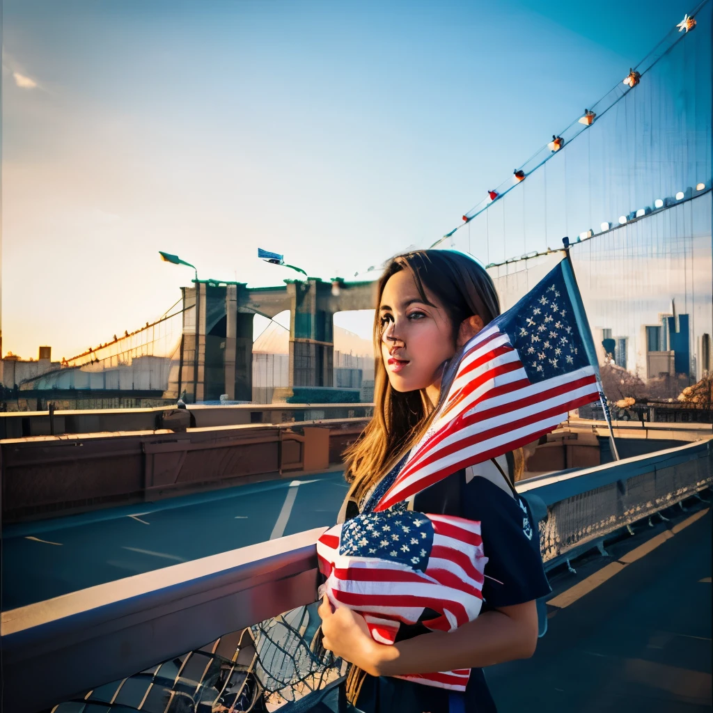 Create image of myself holding USA flag on Brooklyn bridge