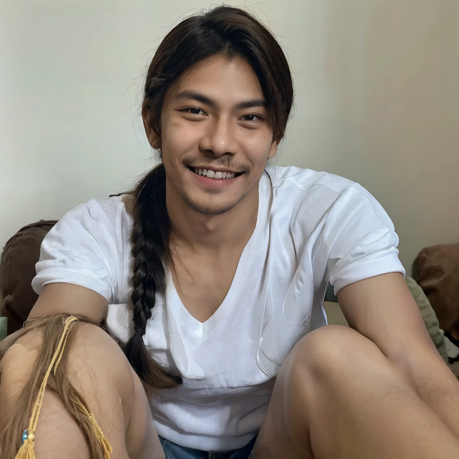 a Javanese man. take a photo for your high school diploma. wearing a long white shirt. blue background. his hair is a little curly. his skin color is well tanned. smiling facing the camera. there are 3 acne scars on the face. has a little mustache.