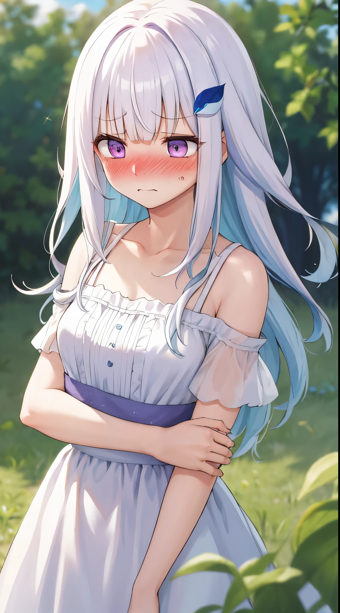 One girl with long hair, blunt bangs, white hair, blue inner hair:1.25) , purple eyes, looking away, blushing, (embarrassed:1.5), white dress, bare shoulders, collarbone, short sleeves, cloud, day, depth of field, field, grass, tree, standing, dizzy, mid-chest, depth of field, hair ornament, medium breasts, upper body, focus, blurry background