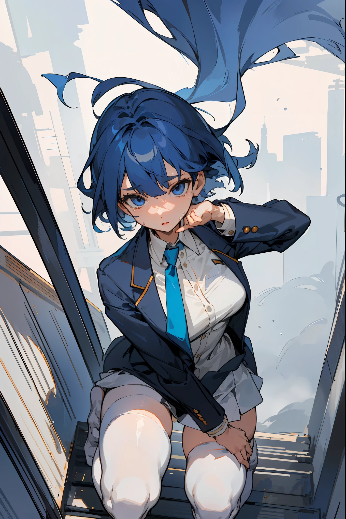 masterpiece,best quality,detailing,(depict the background、The background is Manhattan at night with a dimly lit back alley outdoors.)、1woman solo,female police officer、20 year old beauty、extremely beautiful detailed anime face and eyes,dark blue hair,short  hair,blue eyes,tearful,苦しげな表情:1.2、steam,小さい頭、ideal ratio body proportions,slender body,medium breasts,gleaming skin,Perfect Anatomy:1.2,kneeling,detailed handgun、navy blue blazer jacket,white shirt,blue necktie,white tight skirt、mini skirt、thigh_gap, white_thighhighs,