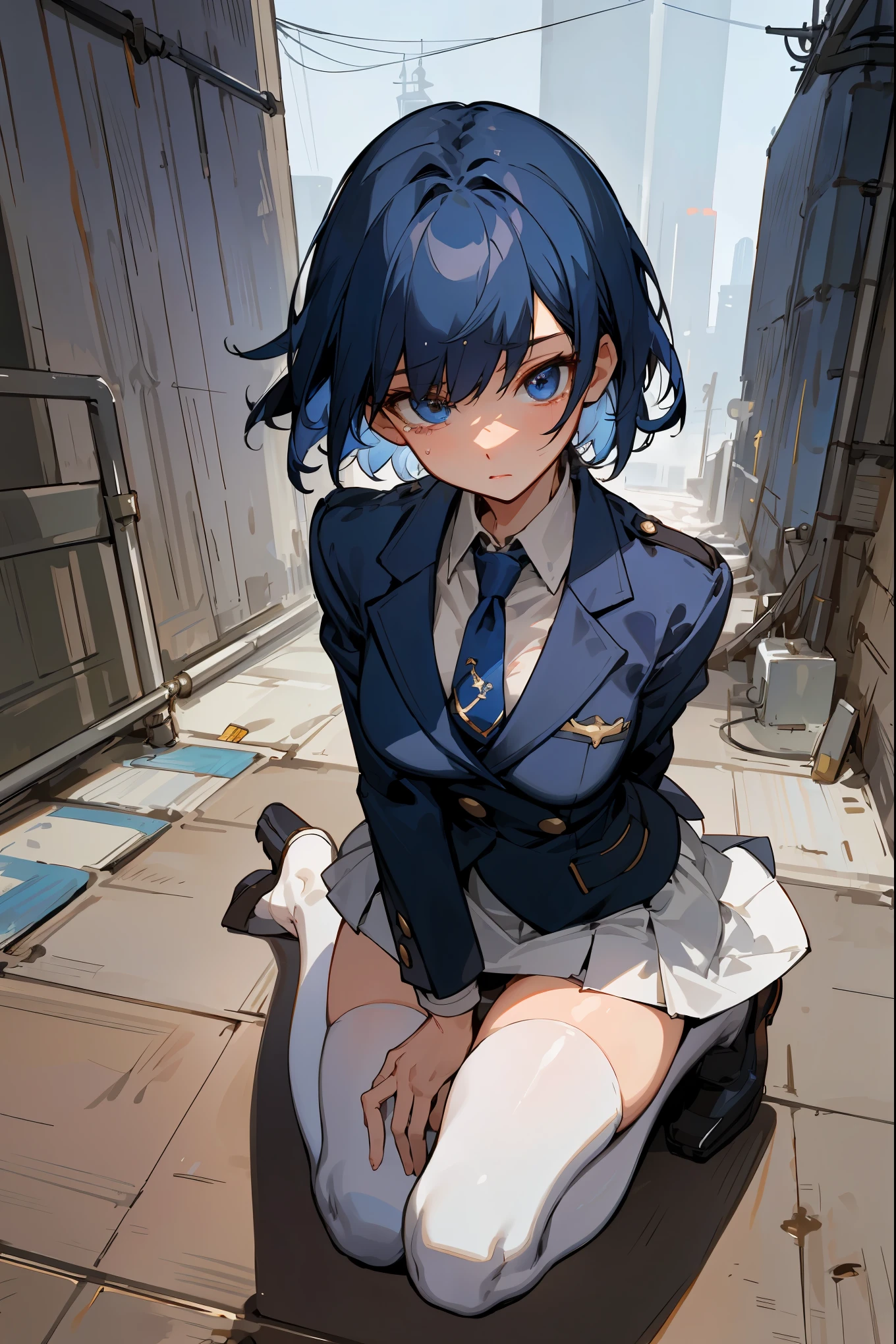 masterpiece,best quality,detailing,(depict the background、The background is Manhattan at night with a dimly lit back alley outdoors.)、1woman solo,female police officer、20 year old beauty、extremely beautiful detailed anime face and eyes,dark blue hair,short hair,blue eyes,tearful,苦しげな表情:1.2、steam,小さい頭、ideal ratio body proportions,slender body,medium breasts,gleaming skin,Perfect Anatomy:1.2,kneeling,detailed handgun、navy blue blazer jacket,white tight skirt、mini skirt、thigh_gap, white_thighhighs,