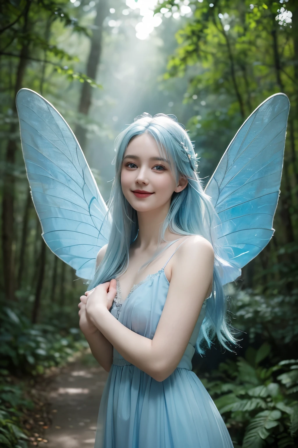 pixie、white fitted tunic、a belt、Insect wings on the back、Beautuful Women、Glamorous、a blond、Longhaire、blue eyes、and draw the full body、Look at viewers、in detail、Realistic as a photo