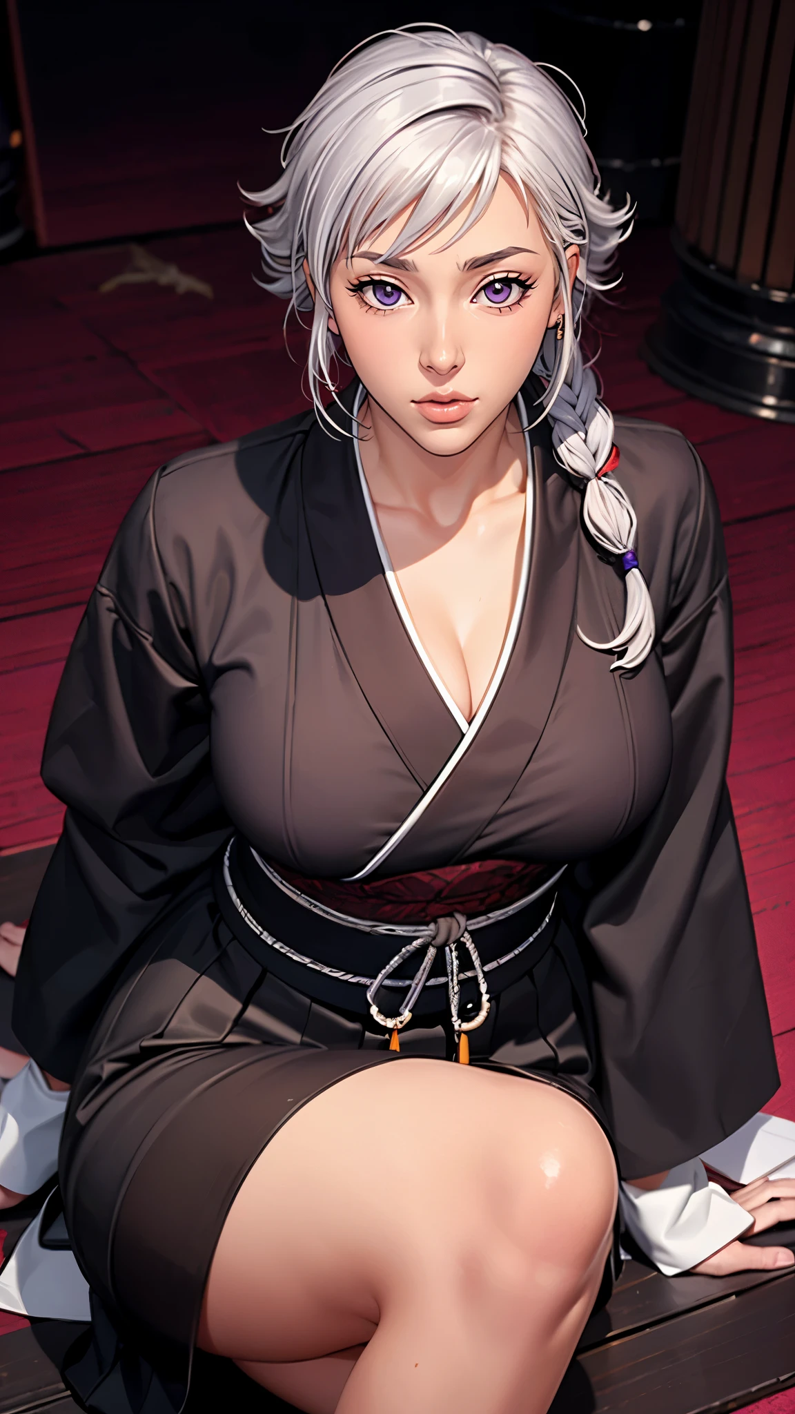 （（（完美figure，figure，long sleeves, japanese clothes, kimono, haori, black kimono, hakama, black hakama,（（（isane kotetsu, short hair, braid, white hair, (purple eyes:1.1), hair braid, ））），（（（wide hips））），S型figure:1.7））），((masterpiece)),high resolution, ((Best quality at best))，masterpiece，quality，Best quality，（（（ Exquisite facial features，looking at the audience,There is light in the eyes，blush，Happy））），（（（Interlacing of light and shadow，huge ））），（（（looking into camera，Ghost Road，glow，from above，looking down，,sit astride，spread legs，Put your hands behind your back）））