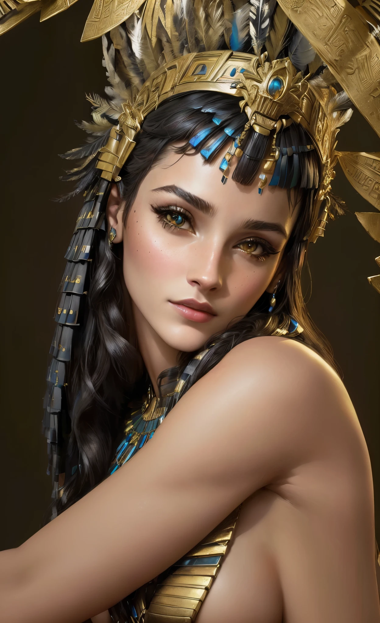 Close-up of a woman wearing a headdress and feathers, cleopatra portrait, beautiful cleopatra, ３ｄ, goddess, portrait, アステカ王女のportrait, goddessとしてのナタリー・ポートマン, cleopatra, 映画のgoddessのクローズショット, egyptian princess, goddessのクローズアップportrait, zbrush art, surreal fantasy art, Black Emma Watson becomes Egyptian, realistic digital art,raw photos, Shapuri, by lee jeffries nikon d850 film stock 写真graph 4 kodak portra 400 camera f1.6 lens rich colors hyper realistic lifelike texture dramatic lighting unrealengine trending on artstation cinestill 800