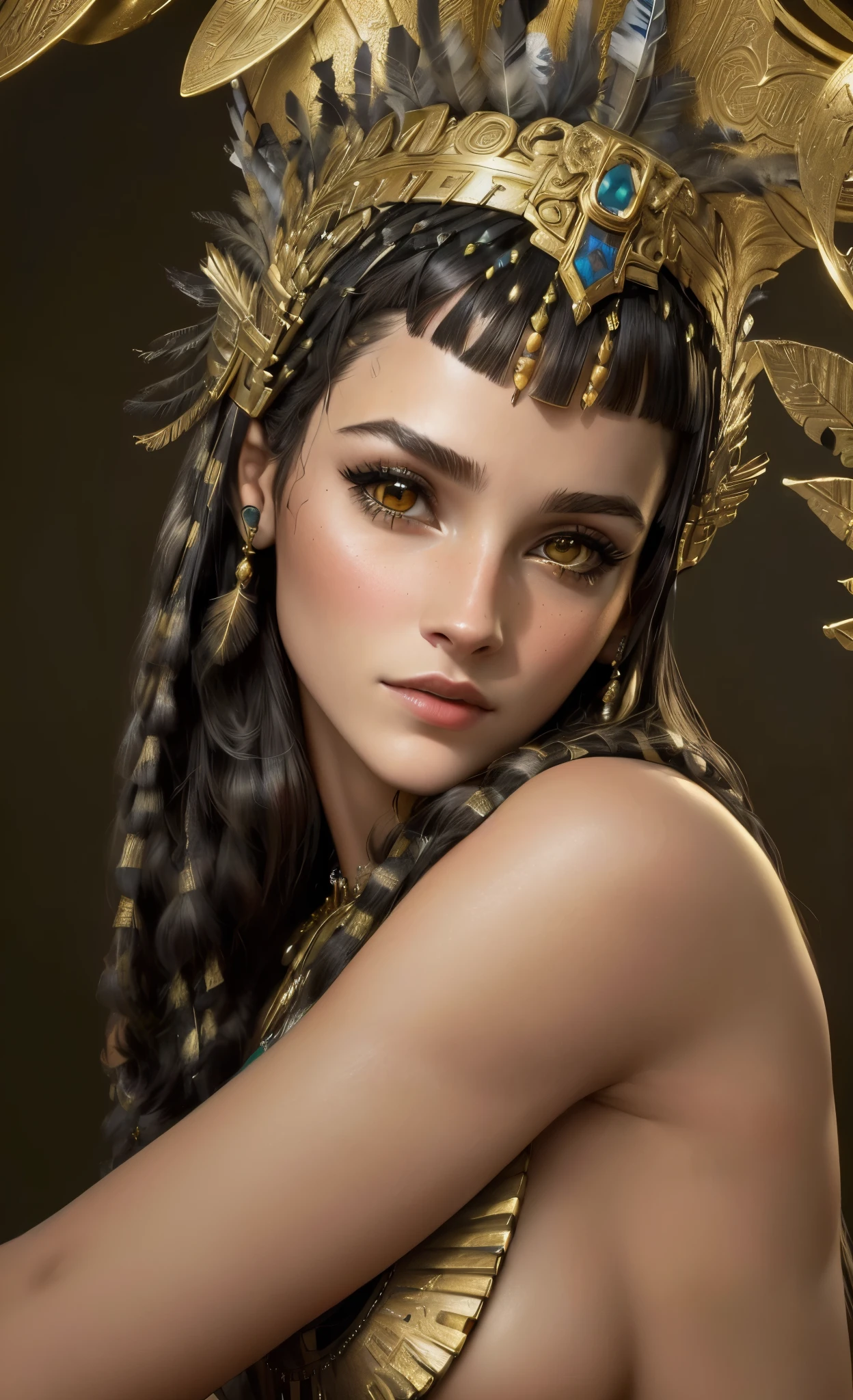 Close-up of a woman wearing a headdress and feathers, cleopatra portrait, beautiful cleopatra, ３ｄ, goddess, portrait, アステカ王女のportrait, goddessとしてのナタリー・ポートマン, cleopatra, 映画のgoddessのクローズショット, egyptian princess, goddessのクローズアップportrait, zbrush art, surreal fantasy art, Black Emma Watson becomes Egyptian, realistic digital art,raw photos, Shapuri, by lee jeffries nikon d850 film stock 写真graph 4 kodak portra 400 camera f1.6 lens rich colors hyper realistic lifelike texture dramatic lighting unrealengine trending on artstation cinestill 800