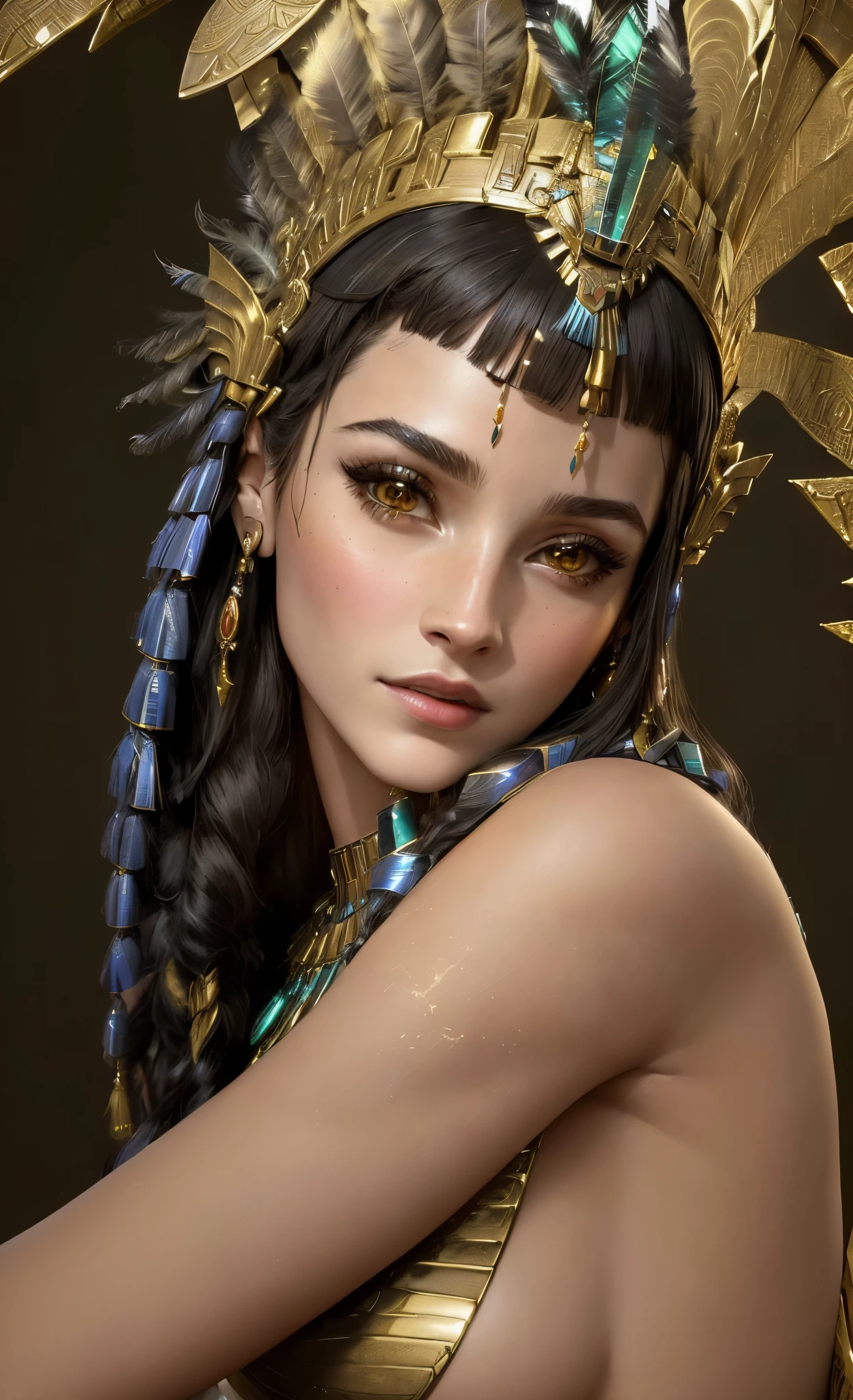 Close-up of a woman wearing a headdress and feathers, cleopatra portrait, beautiful cleopatra, 3d, goddess, portrait, アステカ王女のportrait, goddessとしてのナタリー・ポートマン, cleopatra, 映画のgoddessのクローズショット, egyptian princess, goddessのクローズアップportrait, zbrush art, surreal fantasy art, Black Emma Watson becomes Egyptian, realistic digital art