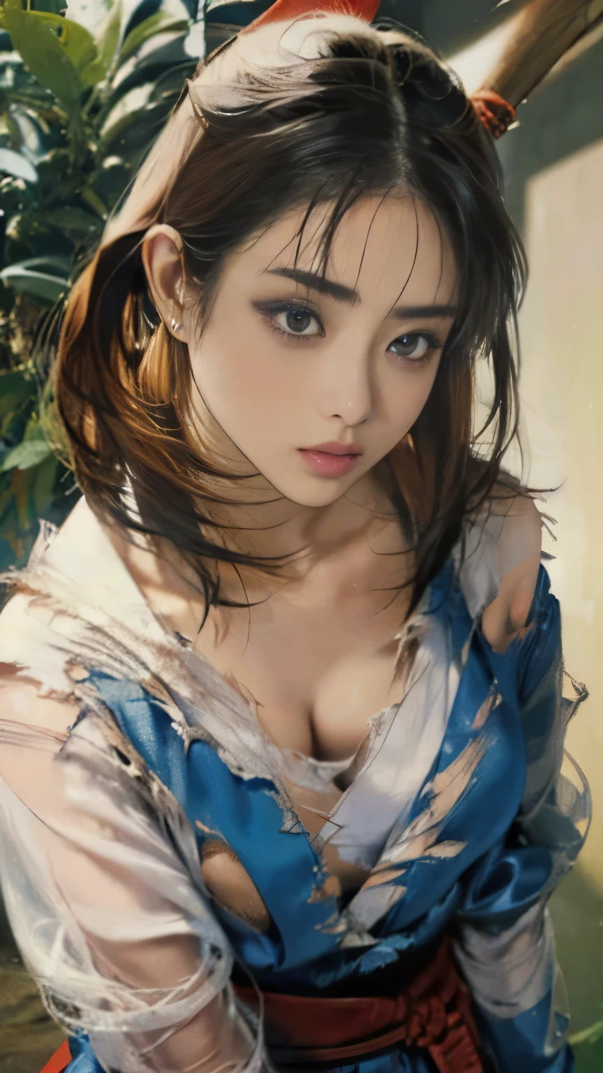 (8K、RAW shooting、highest quality、masterpiece:1.2)、Super detailed、super resolution、(genuine、genuine:1.37)、portrait、High-definition RAW color photo、professional photography、highly detailed face、 highly detailed body、 perfect anatomy、detailed background、(((1人の大人のwoman)))、30歳のwoman、pretty girl、genuineな体つき、small、white skin、glowing skin、because I'thin、black hair、((medium hair))、(neat bangs: 1.4)、cute face、genuine-looking face、delicate eyes、droopy eyes、((jungle))、((囚われたwoman))、(((ninja)))、(((Kunoichi's appearance)))、(((女のninja)))、(((woman'chest exposed.)))、((woman with legs wide open))、((standing posture))、((rope tied her body))、((restraint))、earrings、necklace、bracelet、((face turned to the side))、((目を閉じて大声であくびをするwoman))、contrapo、dynamic lighting、((firm D cup))、((cleavage))、((big breasts))、((look behind you))、((expression of agony))、