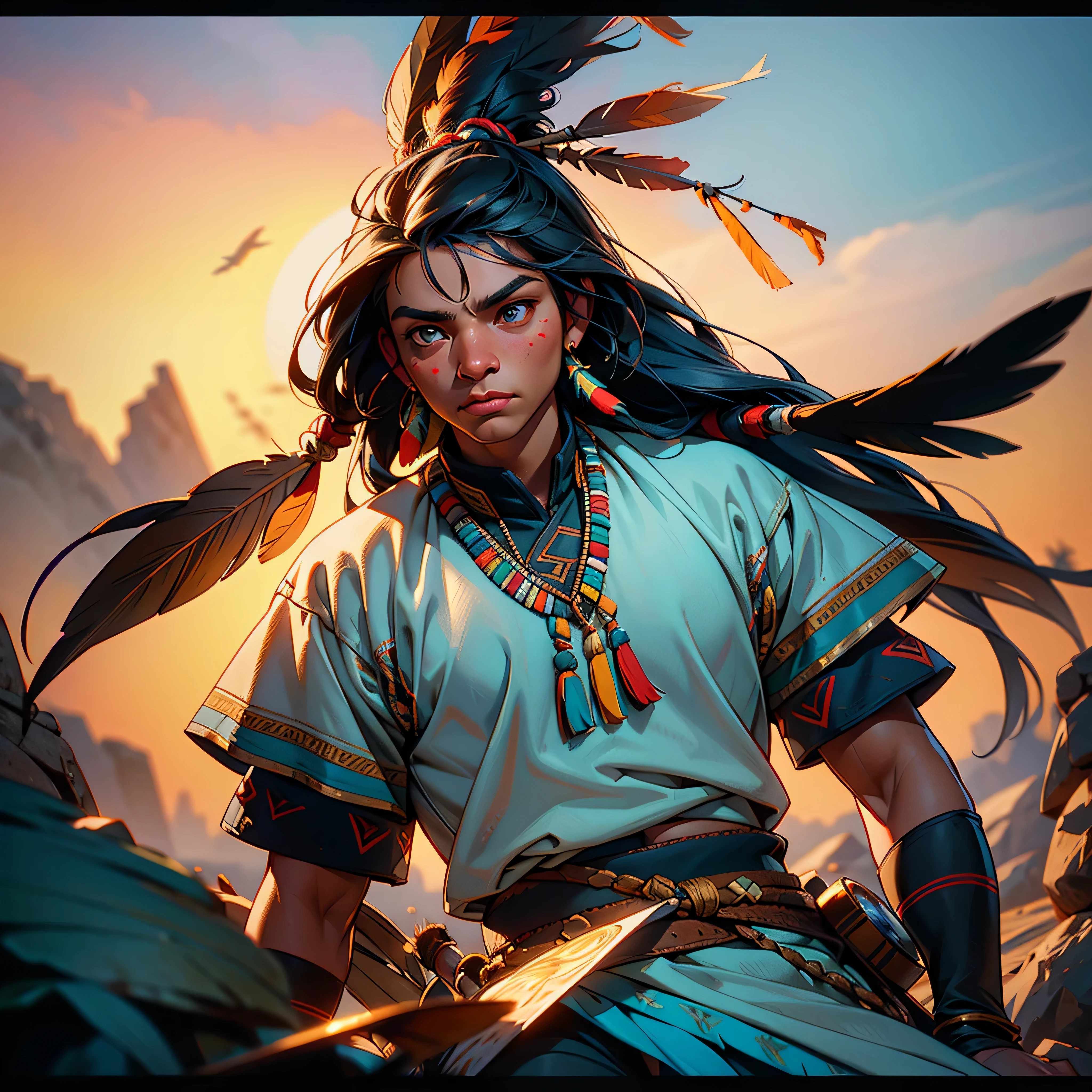 Hyperrealistic cinematic image of a native Indian with feathers on his head, Arte nativa americana, Indian warrior, Nativo americano, Guerreiro nativo americano, Arte nativa, Um guerreiro nativo americano, indigenous man, eagle feather, Guerreiro habilidoso do Apache, warrior spirit, american indian headdress, indigenous art, : native american shamen fantasy, Indigenous, native american folk art, Arte indiana fotografiarrealista, fotografia, obra-prima, realista, Realismo, renderizado, Alto contraste, digital art photographyrealistic trend in Artstation UHD ultra high definition detailed realistic, detalhado, textura da pele, hiper detalhado, textura de pele realista, armadura, melhor qualidade, ultra high-resolution, (fotografiarrealista: 1.4), high resolution, detalhado, Calado bruto, sharp re, por lee jeffries Nikon D850 Filme Fotografia de Stock 4 Kodak Portra 400 Lente F1.6 Rich Colors Realistic Texture Dramatic Texture Dramatic Lighting Irrealengine Trend on Artstation Cinestill 800, Beautiful and Aesthetic, varied multi etc. --v6 --s1000 --c20 --q5 --chaos100