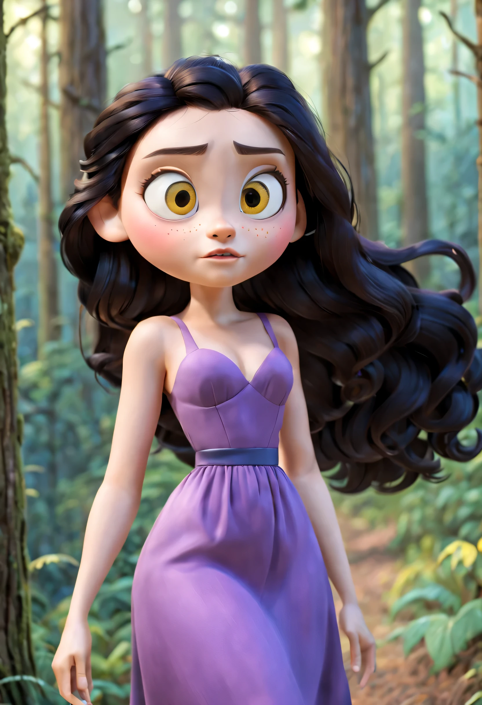 las mejillas, Cabello hasta los hombros, pelo ondulado largo y suelto de color negro azabache, peinado en el lado izquierdo, ojos muy amarillos, piel blanca, vestido. con un vestido morado encarnado como un personaje de Pixar, estilo pixar 3d, CAMINANDO POR EL BOSQUE OSCURO