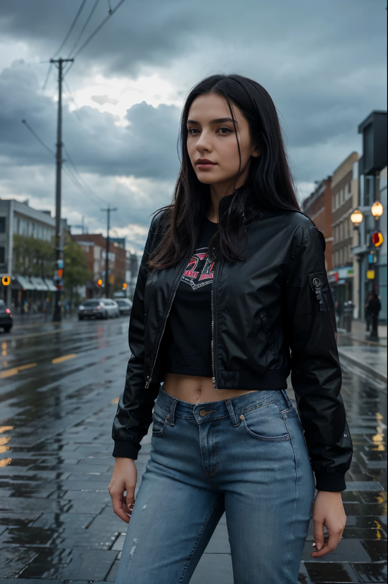 1 solo polish girl, beautiful girl, black hair, full body portrair, black jacket, jeans she at city, light rain, clouds, textured skin, high details, 1080P, best quality, high quality, super detail, masterpiece, retina, realistic, photography