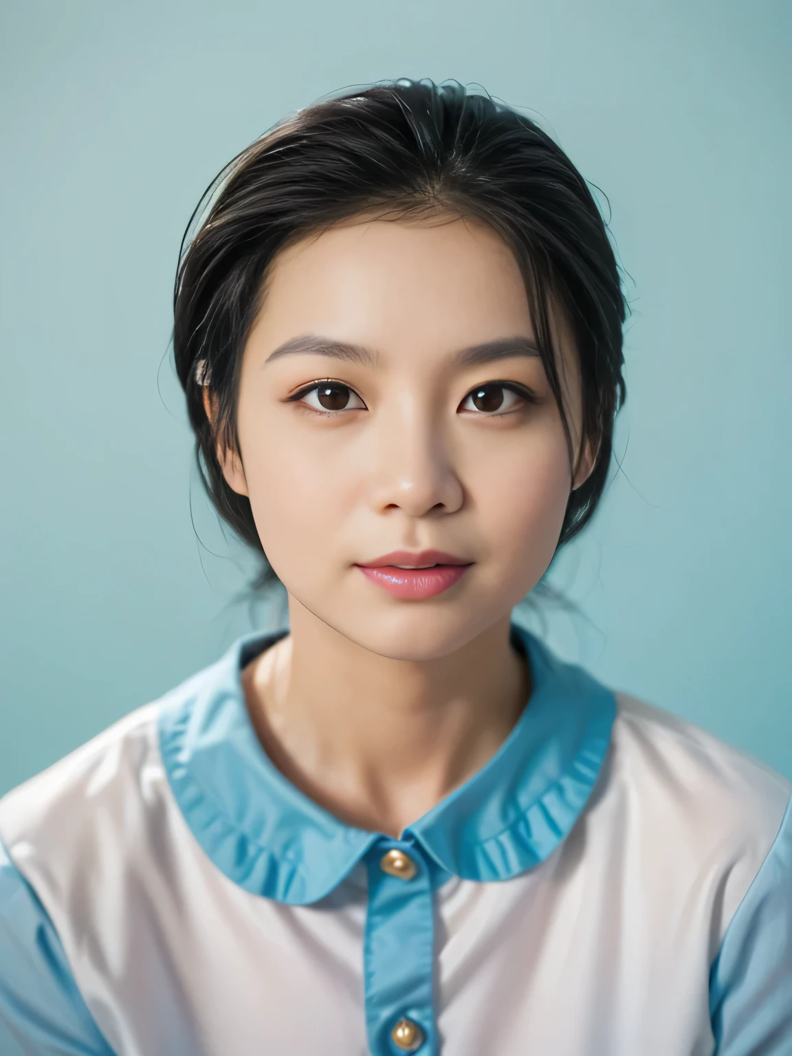 Highly realistic photo, ((masterpiece), (best quality), (raw photo), (photorealistic:1.4), Portrait of Vietnamese woman, (35 years old), ((black hair)), wearing a cream shirt, ((light blue background)) , photo taken by Sony A7IV