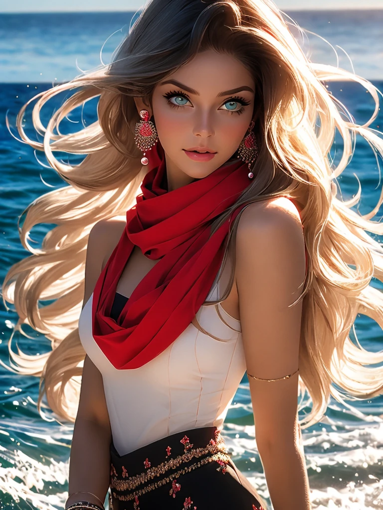 (best quality 1,4) 4k ultra detailed (realistic, photorealistic)intricate 1,2 RAW photo. atractive mature woman 50 years, perfect face, sea background, detailed eyes, eyeliner, lihgt green eyes, captivating gaze, full lips, cherry lipstyck, long hair, flowing hair, messy hair, two hair tone,stylish outfit, earings, bracelet, scarf red, black pants, open white headwear,, cleavage, deapt of field, vibrant colors, blush, medium natural breasts, perfect famale form, 