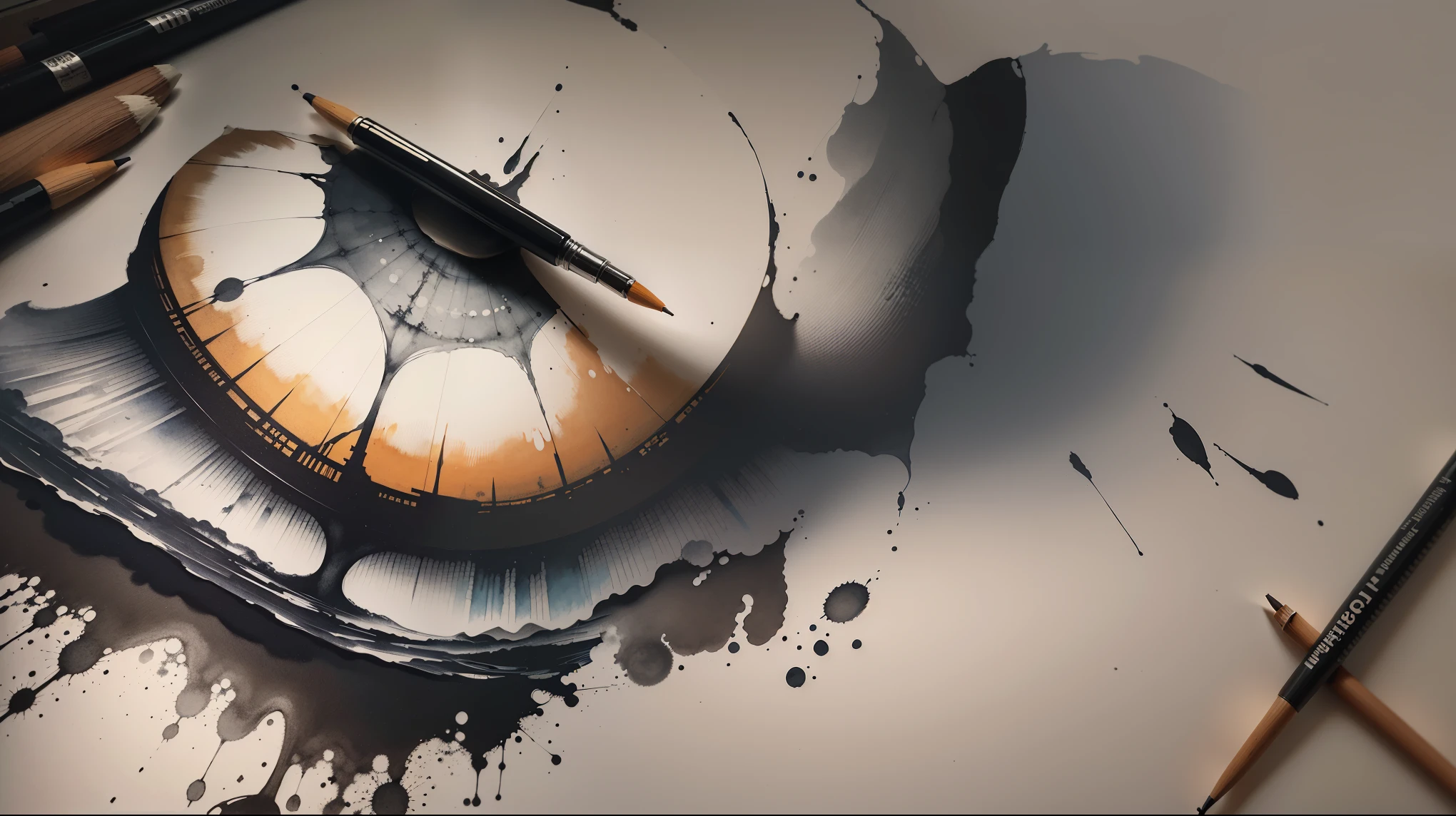 there is a sketch of a drawing on a sheet of paper, tinta preta & marcadores copicos, aquarela detalhada magistral, anamorphic illustration, pintura detalhada do filme duna, arte em tinta, science fiction illustrations, science fiction illustrations, powder Adam Szentpétery, arte detalhada, masterpiece ink illustration, amazing conceptual painting, shaded ink illustration